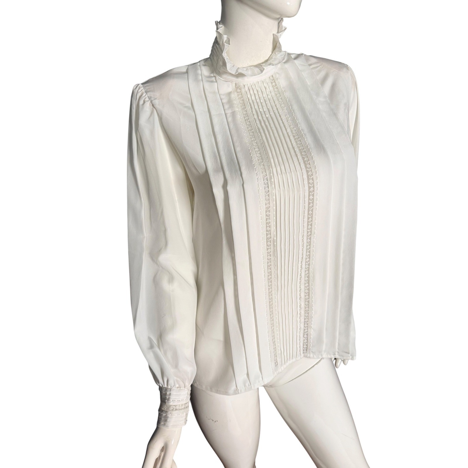 Vintage Lloyd Williams Ivory Lace Tuxedo Pleat Ruffle Neck Back Button Blouse 10
