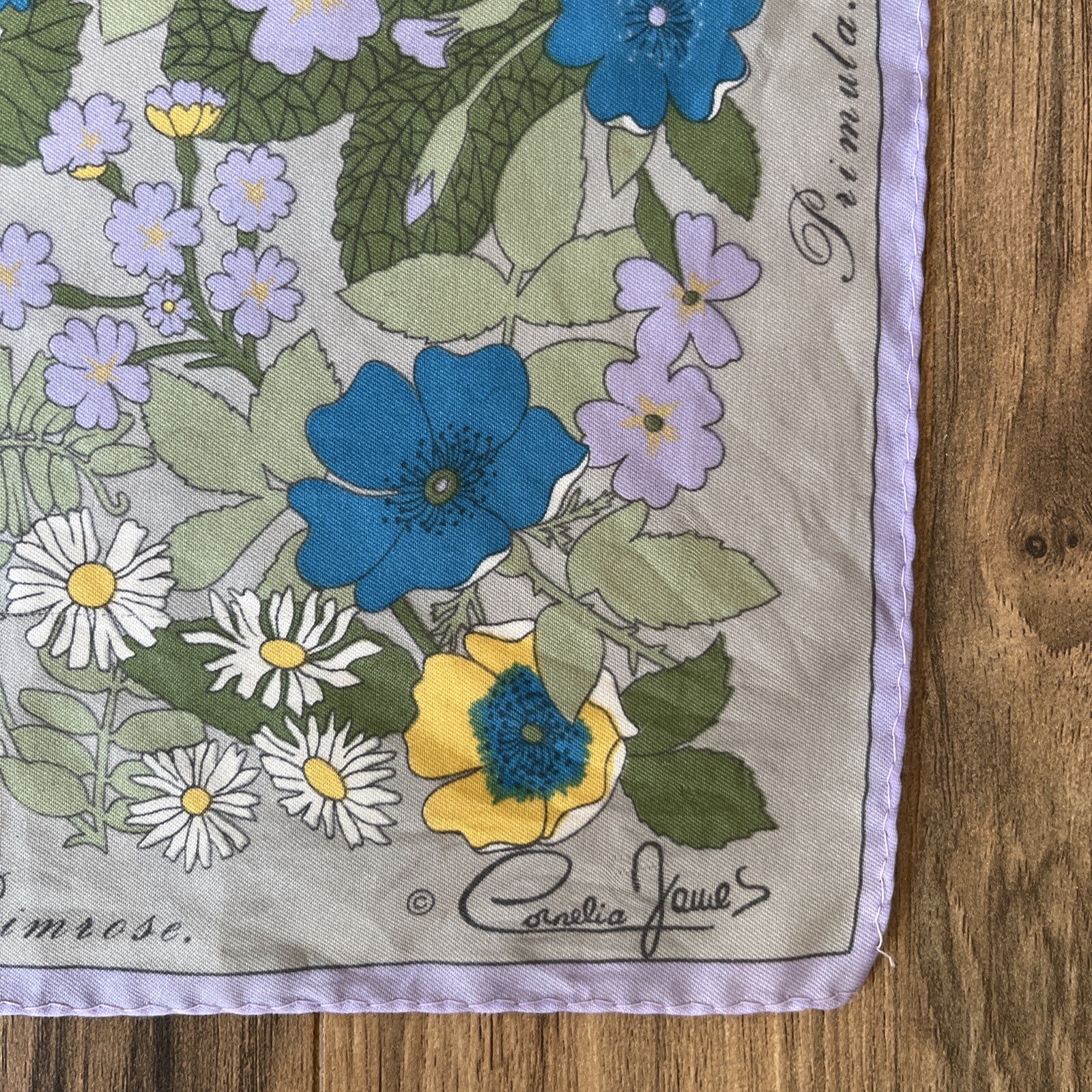LADIES Scarf by Cornelia James British WildflowersPrimrose Anemone Lilac Vtg 26”