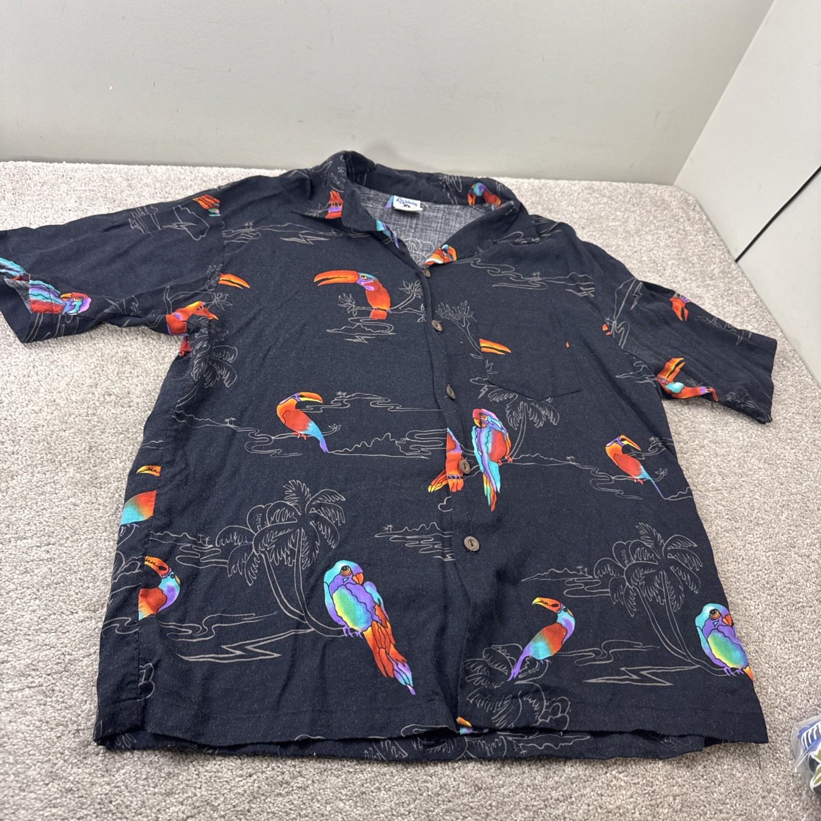 VINTAGE Lightning Bolt Hawaiian Shirt XL with TROPICAL Bird Palm Trees 1980s