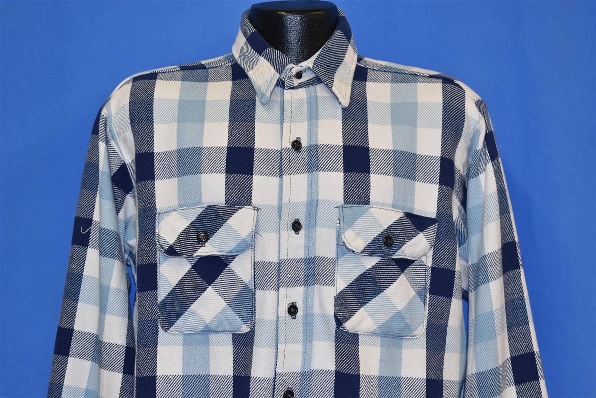 vtg 80s BIG MIKE PLAID WHITE BLUE CHECKERED HEAVY FLANNEL WORK SHIRT 16.5 LRG L