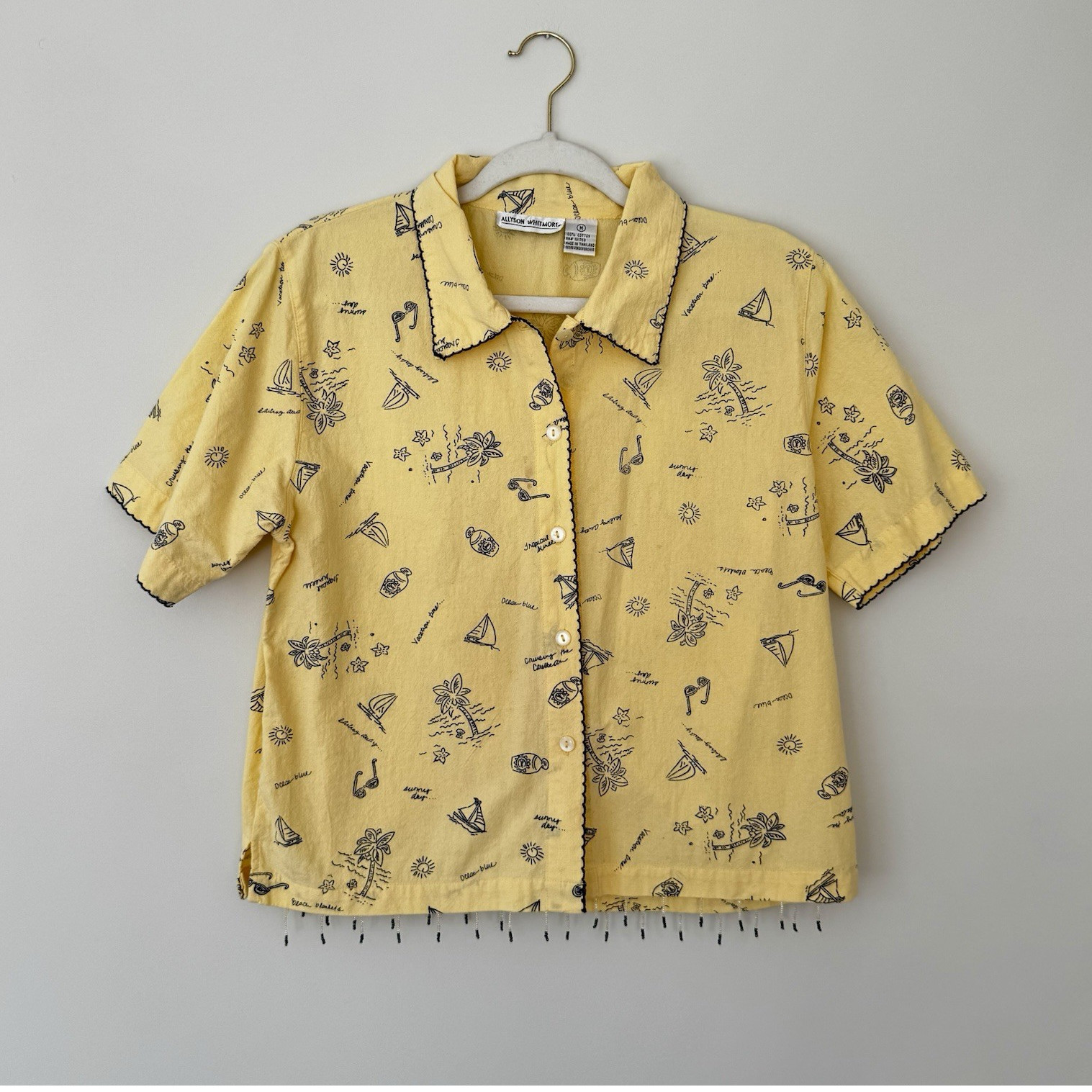 Vintage Allyson Whitmore Tropical Print Beaded Button Down, Yellow & Blue – M