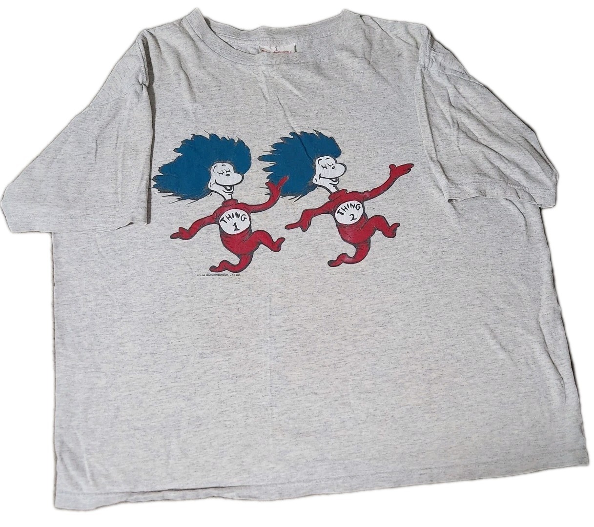 🔥 VINTAGE 90’S 1995 DR SUESS THING ONE TWO GRAY SHIRT JUNIORS TEENS SMALL 22×22