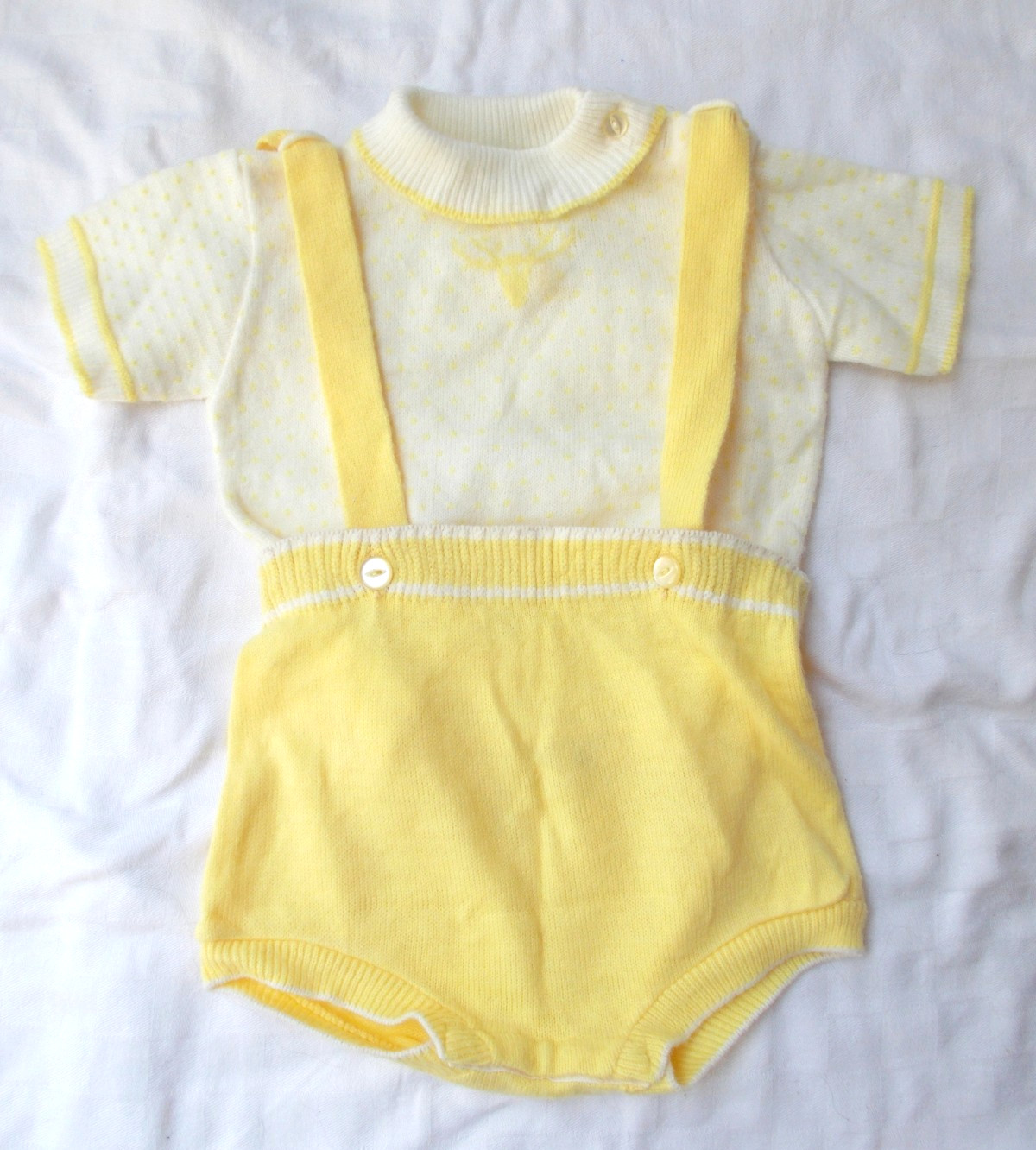1960’s Huntingdon Mills BABY SWEATER ROMPER Overalls 2 Pc Knitwear Set 6-9 mo US