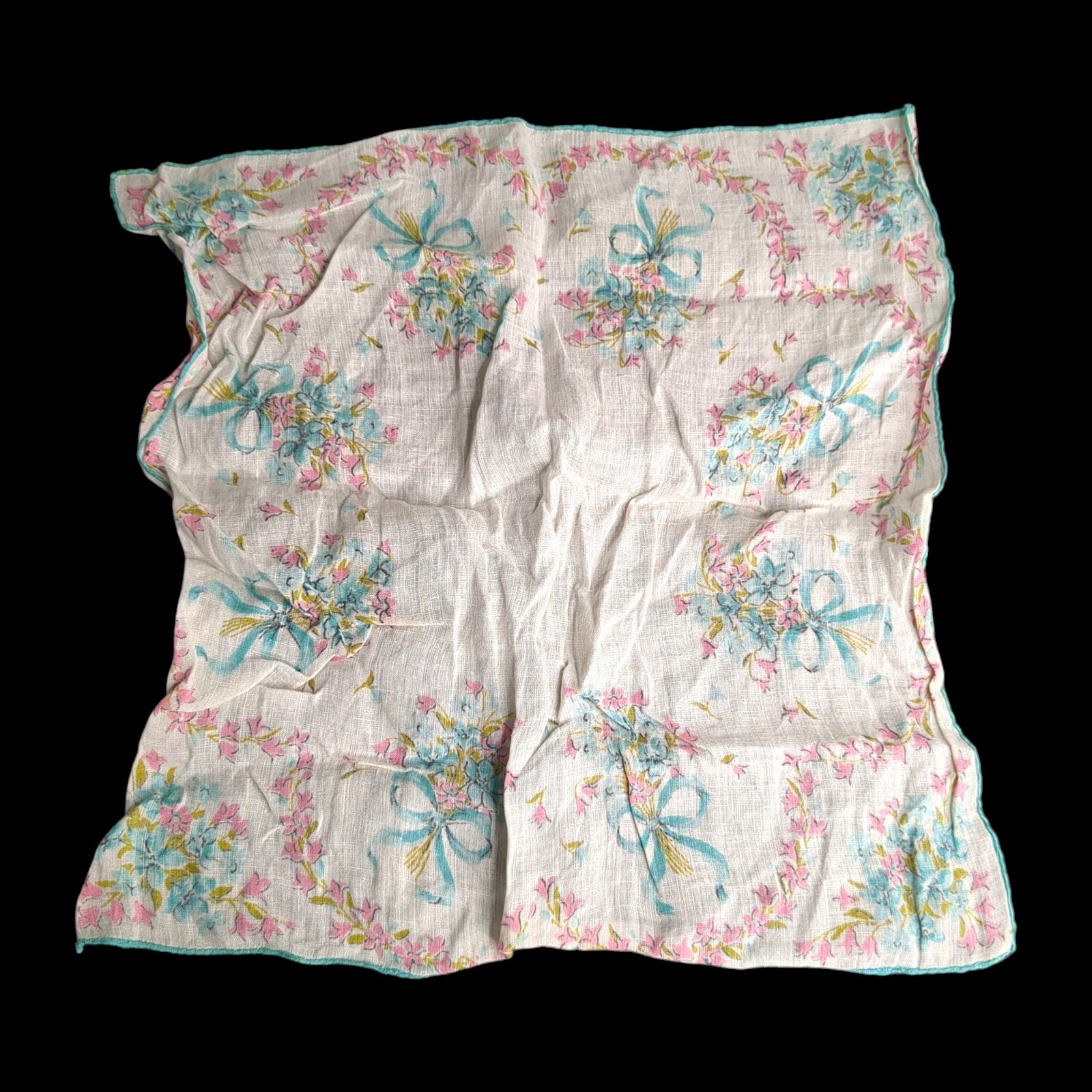 VTG Hanky Handkerchief White Linen with Blue and Pink Flowers Bows 12” Wedding