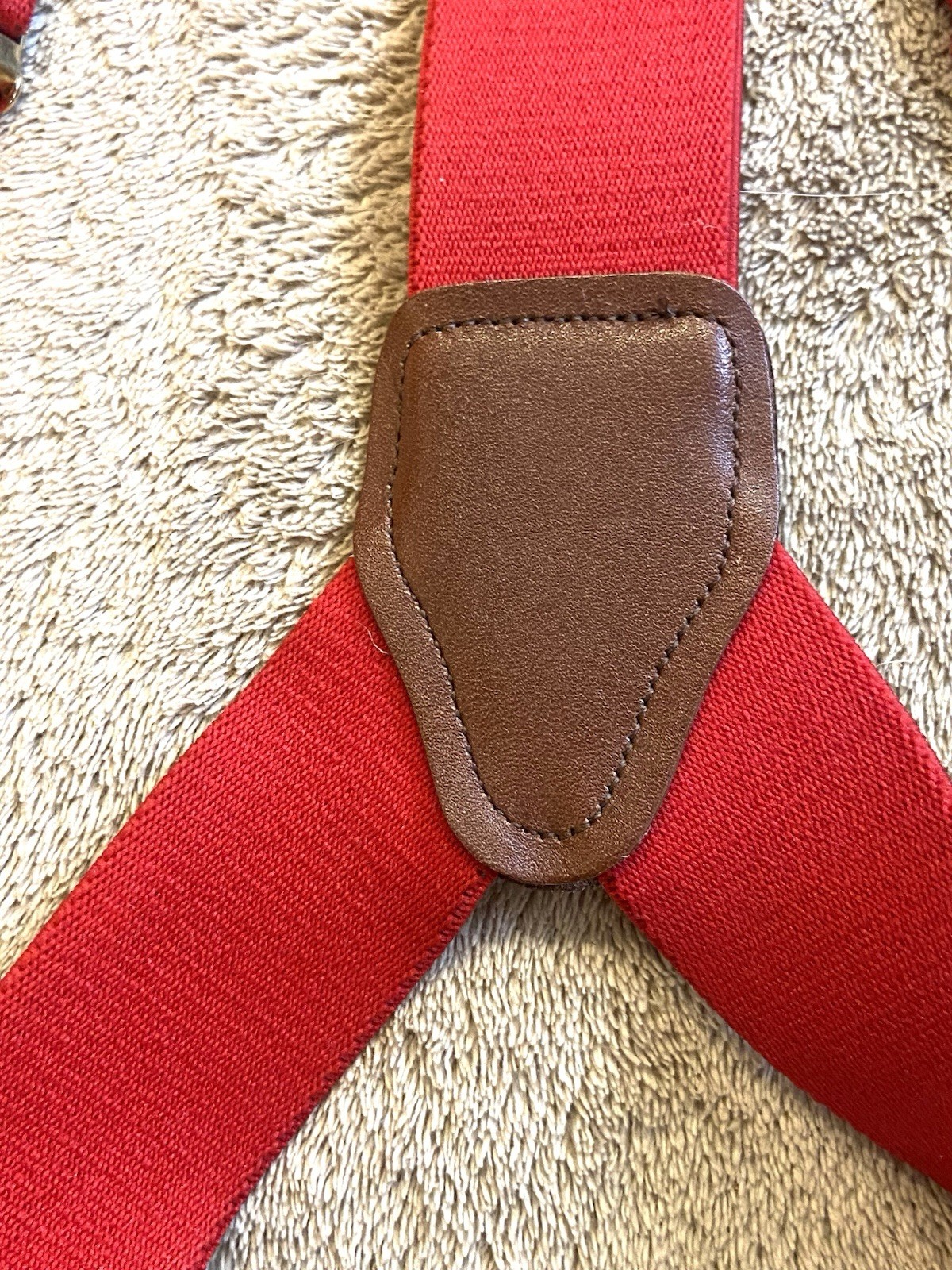 Vintage CAS West Germany Red Elastic Brown Leather Button Loop Y-Back Suspenders