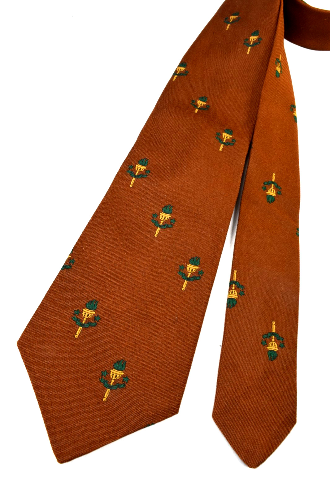 Neck Tie VTG Prince Consort 60s 70s Golden Clasp Torches Brown Poly Tie 52″ x 3″