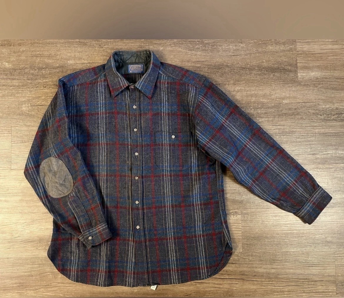 Pendleton Wool Plaid Shirt Mens VTG 60s Long Sleeve Round Cut Patch Pocket A17