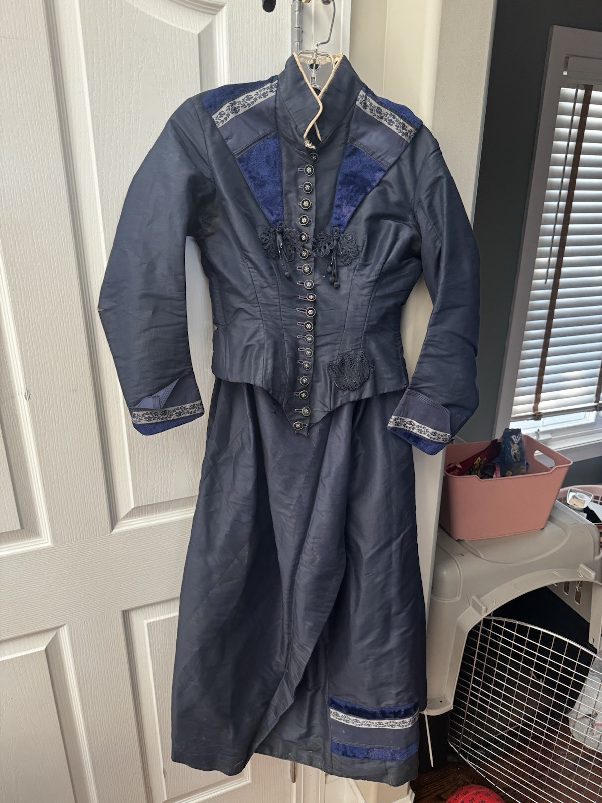 Antique Authentic Silk Victorian Walking Suit Dress 1880s Royal Blue 2 Piece