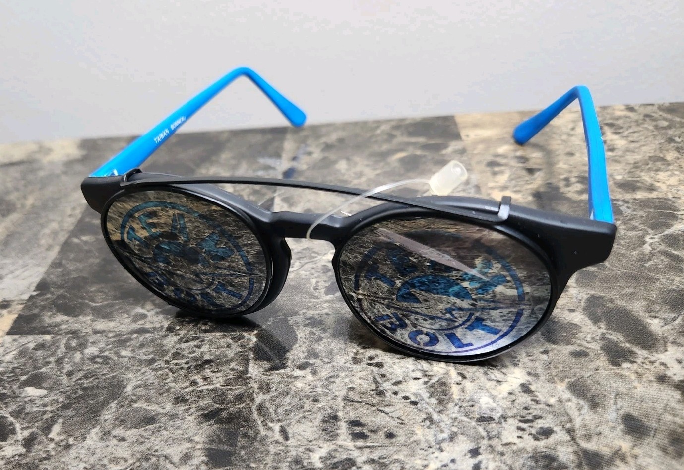 Vintage 80s Lightning Bolt Team Bolt Sunglasses Black Blue Eyewear Bonneau