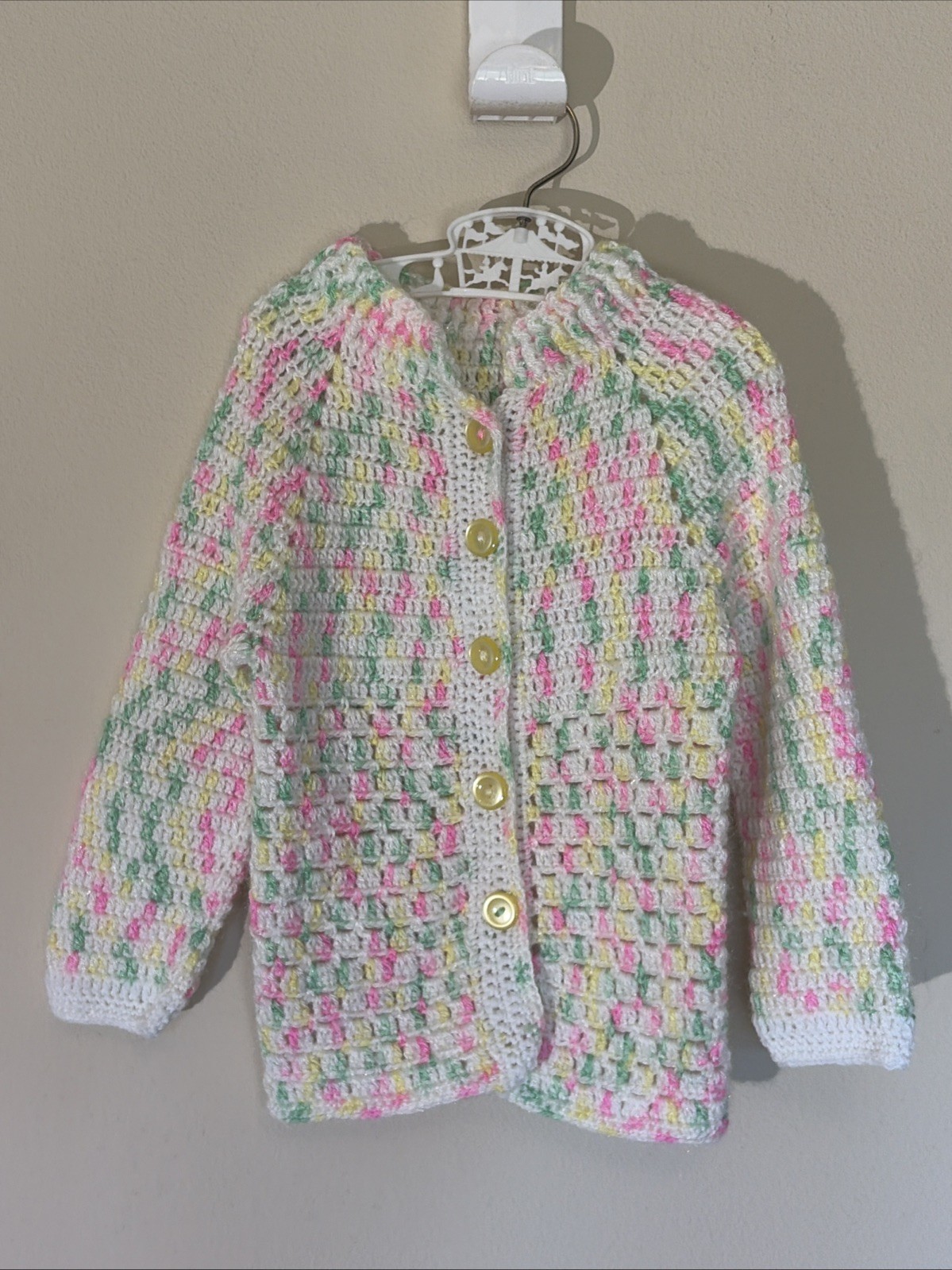 Vintage Handmade Crochet Kids Cardigan Sweater Multi Color Pink Yellow Green