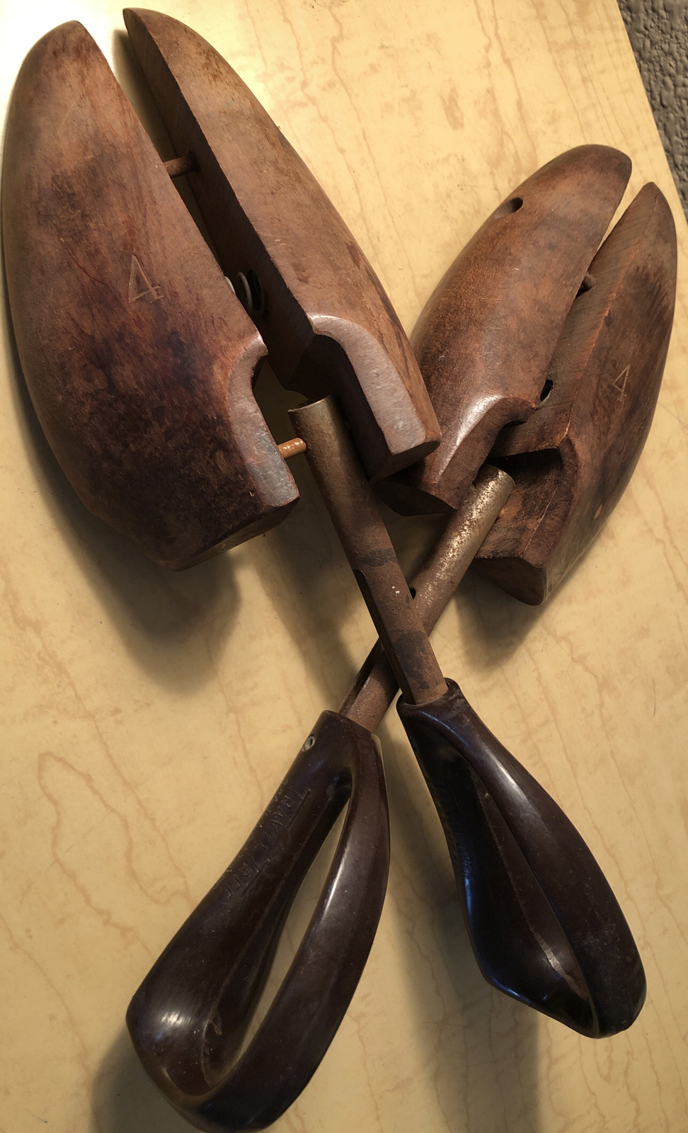 Vintage Rich Brown Rusty Metal Bakelite Handled Travel Tree Shoe Stretchers #4