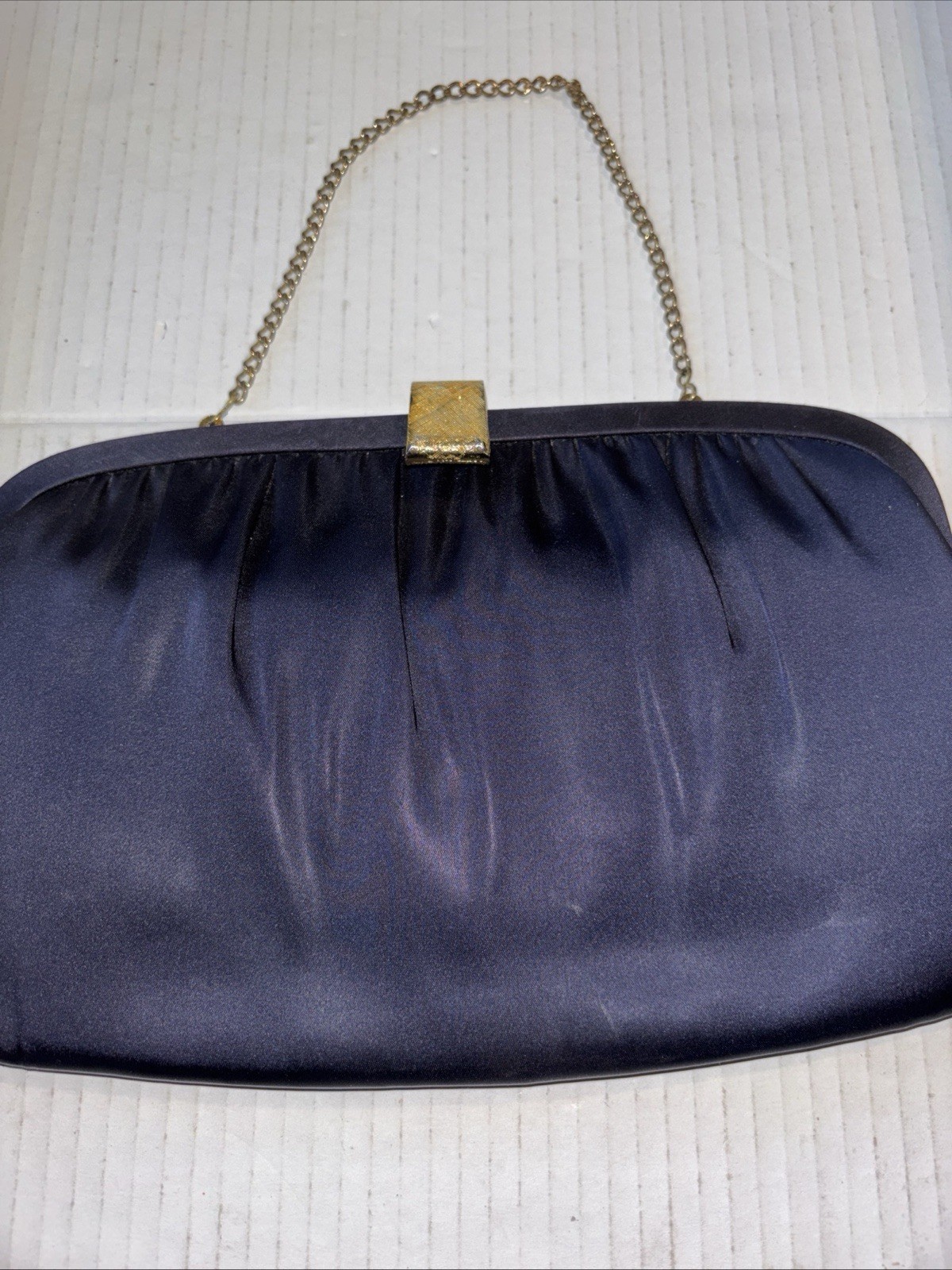 Vintage After Five Clutch Purse-5 Inch Drop Chain-Gold Clasp-Black Satin Formal
