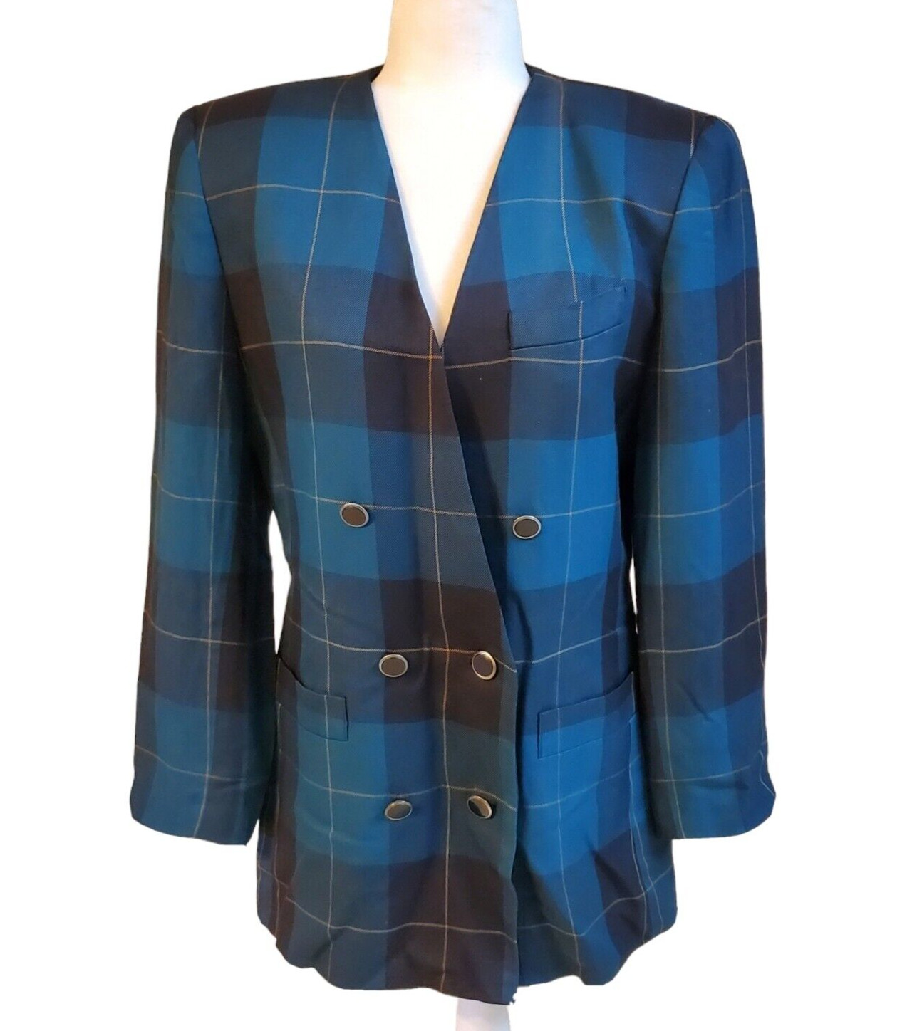 Vintage Kasper ASL Teal blue Plaid Viscose Rayon Doublebreasted Blazer Size 8