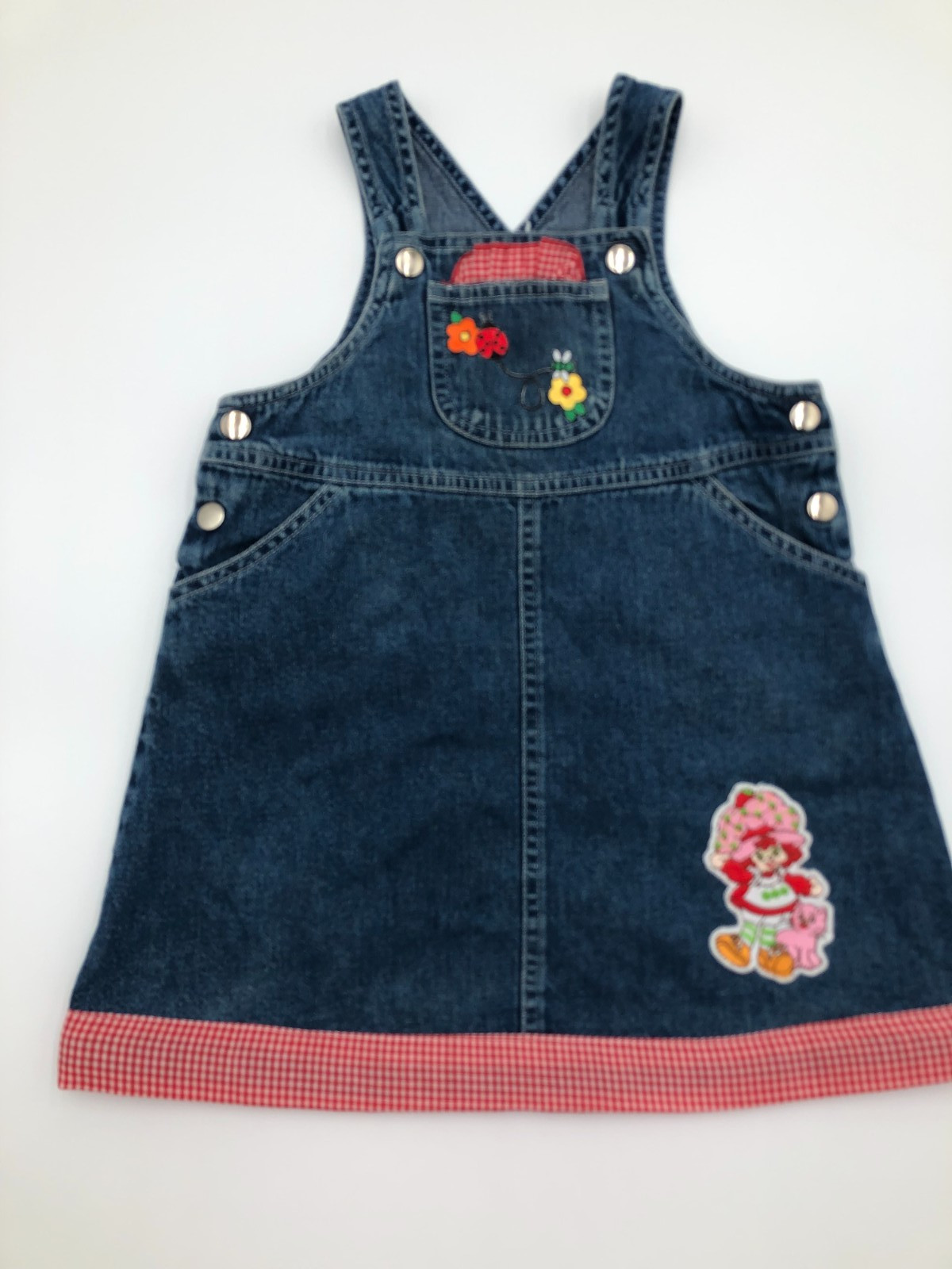 Vtg. Kiks Embroidered Strawberry Shorkcake Patch Girls Bib Jean Jumper Size 3T