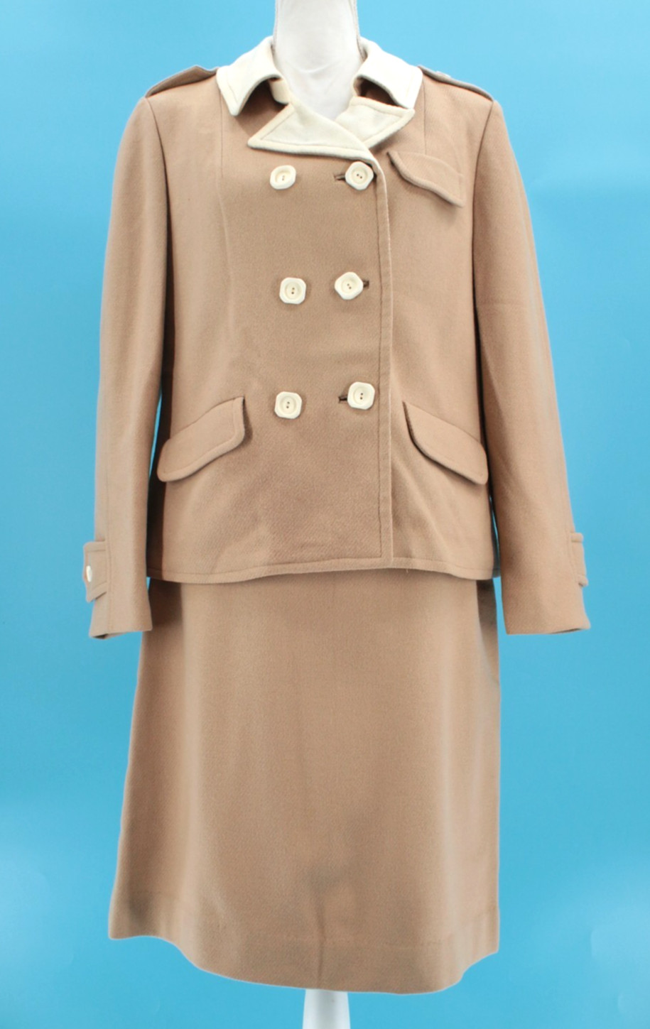 VTG Women’s 60s 2 Pc Beige Wool Dress Suit Sz M 1960s Jacket & Skirt Set