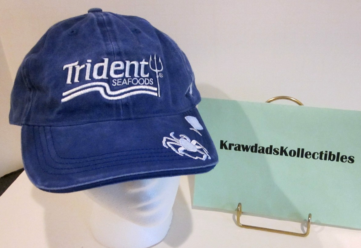 VTG TRIDENT SEAFOODS ADVERTISING HAT CAP, ~1980’S, BLUE EMBROIDERED FISH CRAB