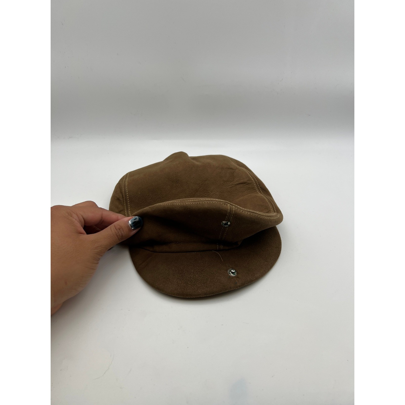 Vintage 50s Brown Leather Flat Cap Newsboy Ivy Hat Snap Brim Mens Size 7
