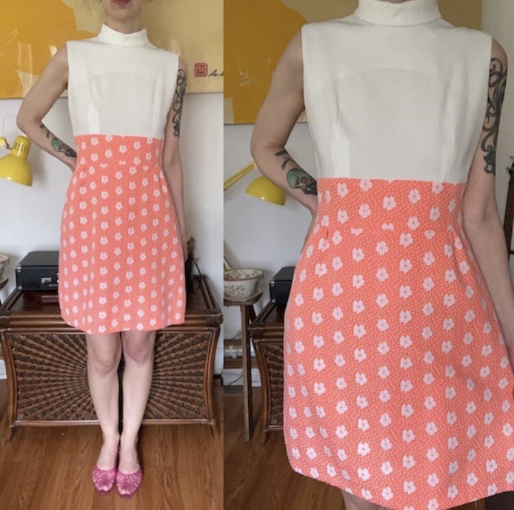 Vintage 60’s bright coral Mod White top mock neck zip back sleeveless dress