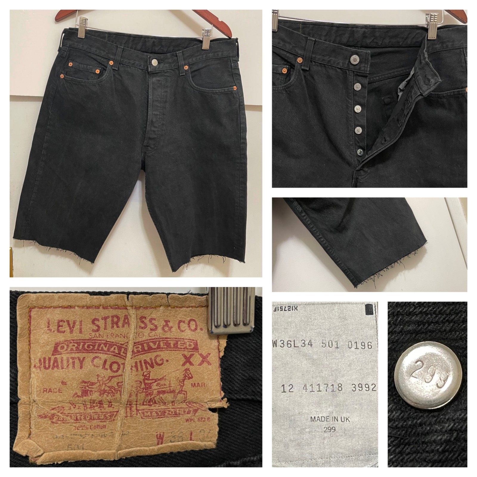 VTG 90s Levis 501 Black cut-off Denim Shorts Jeans button fly UK Made Mens 34×12