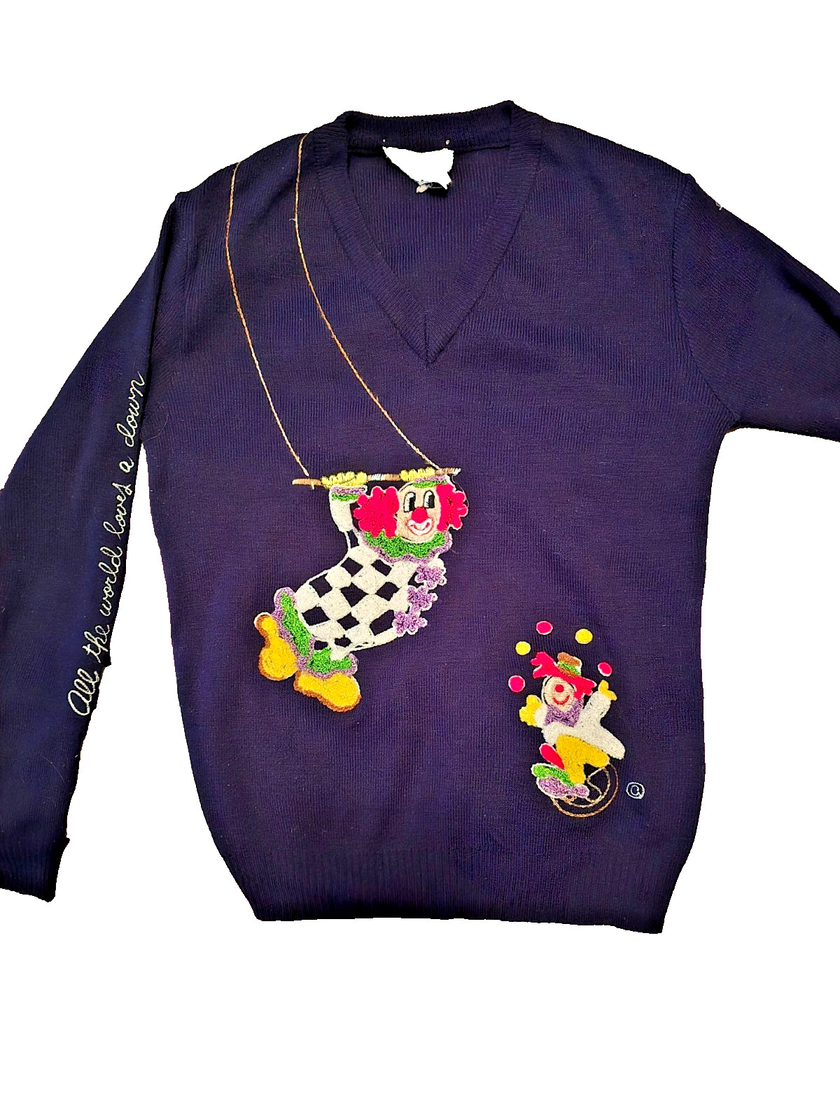 Vtg Cyn Les Shirlee Designs Navy Clowning Around Sweater Thin Knit Size Medium