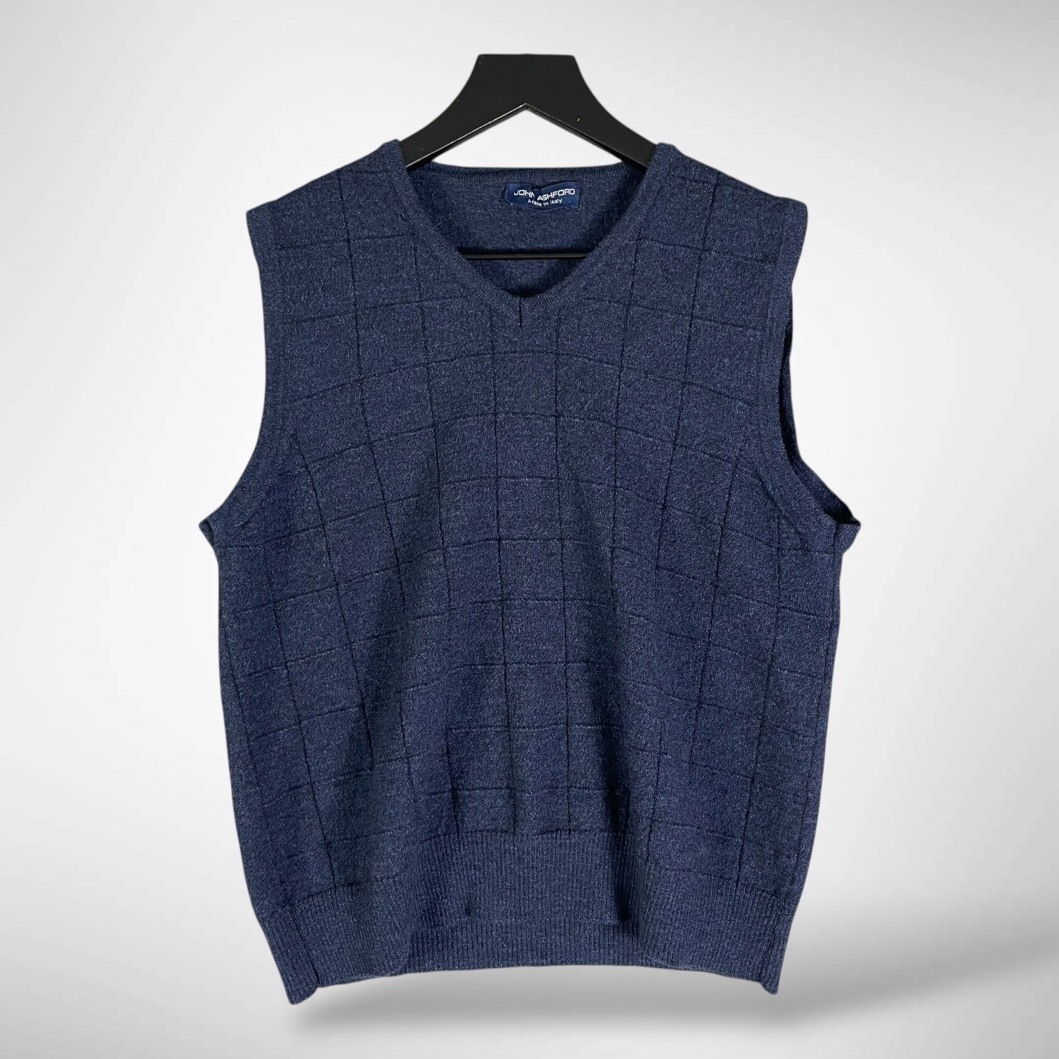 John Ashford Navy Blue V-Neck Sweater Vest Textured Knit Made in Italy Mens