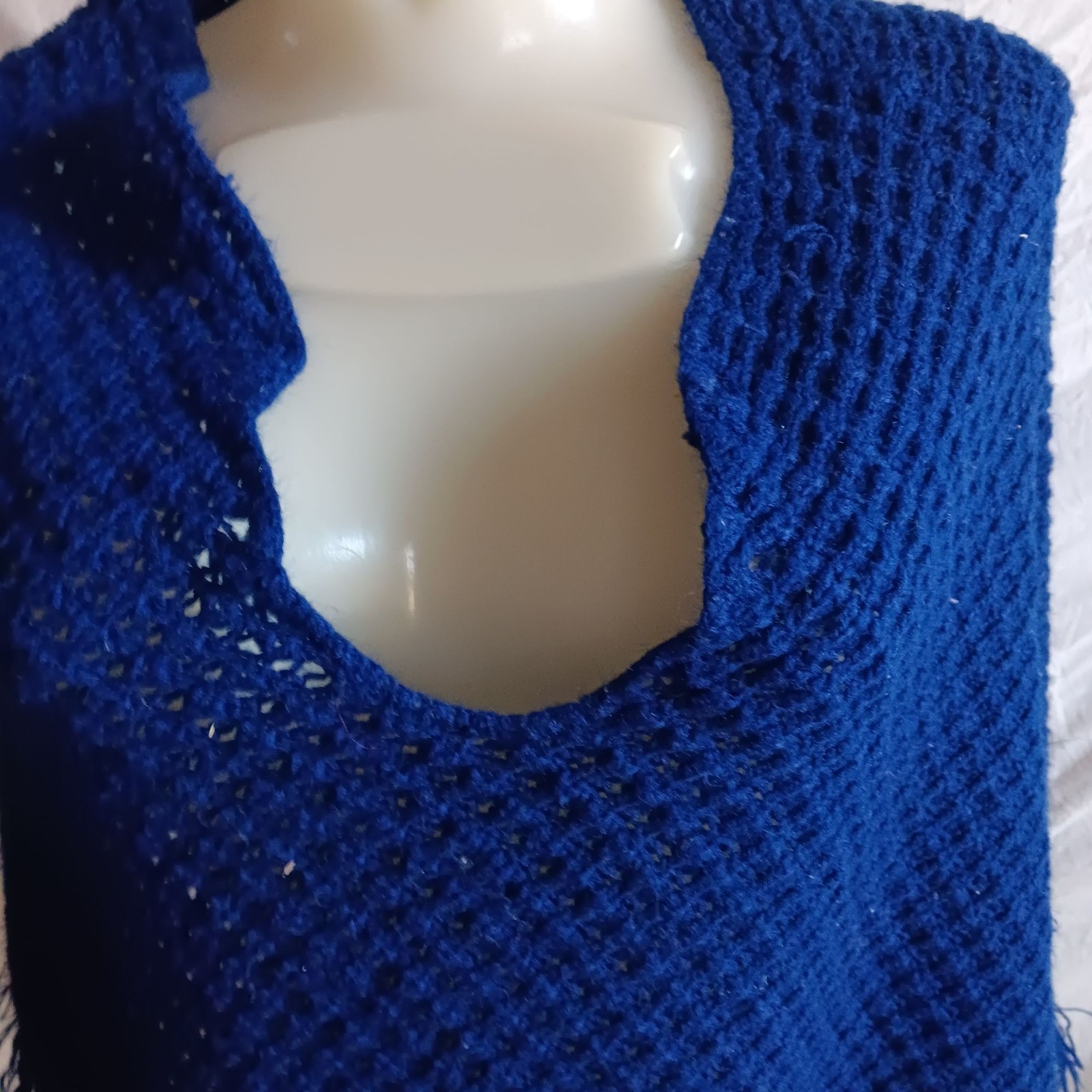 Small Vintage 1970s Womens Sweater Shawl Blue Cape Acrylic Net Woven Hippy Mod