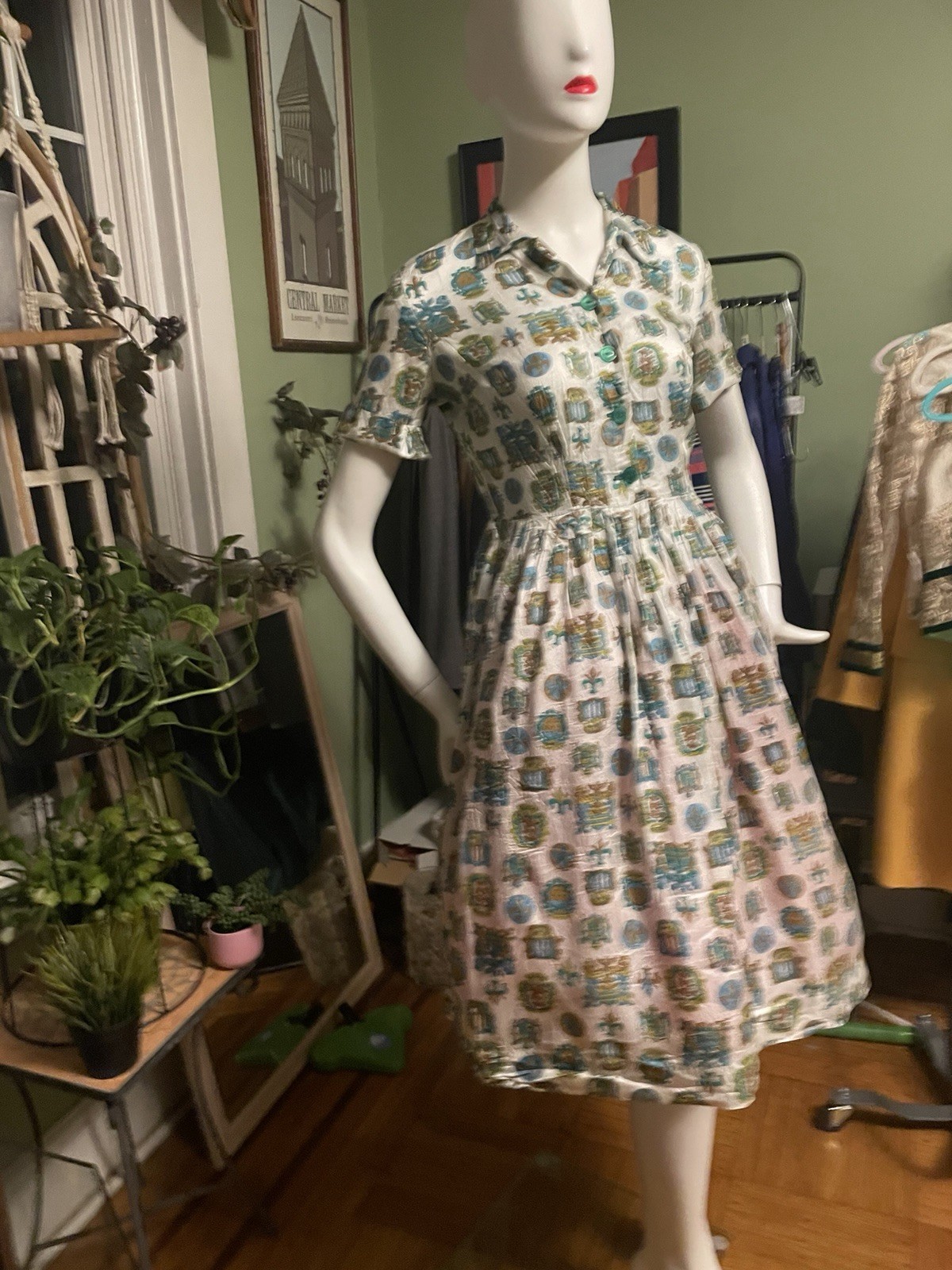 Vintage 50s Print Graphic Rockabilly Shirt Waist Dress Fit Flair S 36 ~ 26