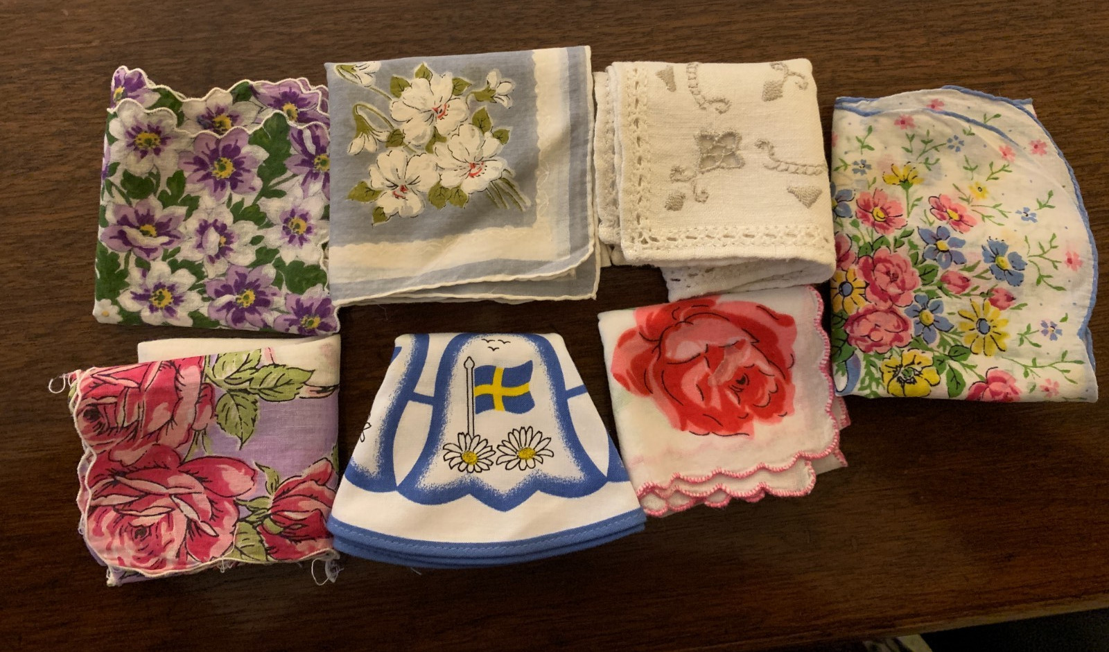 Vintage Ladies Hankies Lot Of 7 Florals, Line Scalloped Sweden OUTSTANDING
