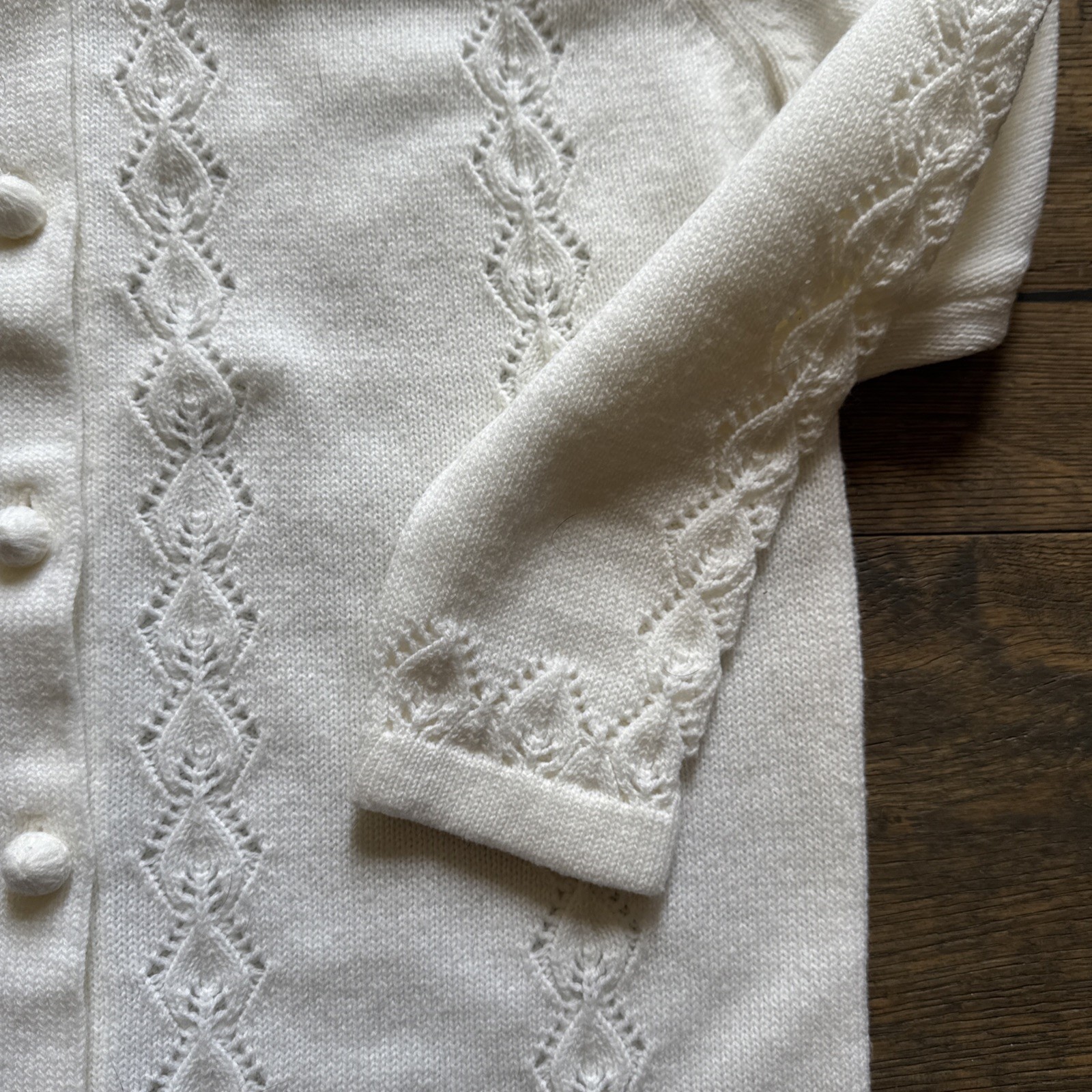 Vintage Open Knit WOOL Granny Sweater Crochet Cardigan Size S-M Off-White Cream