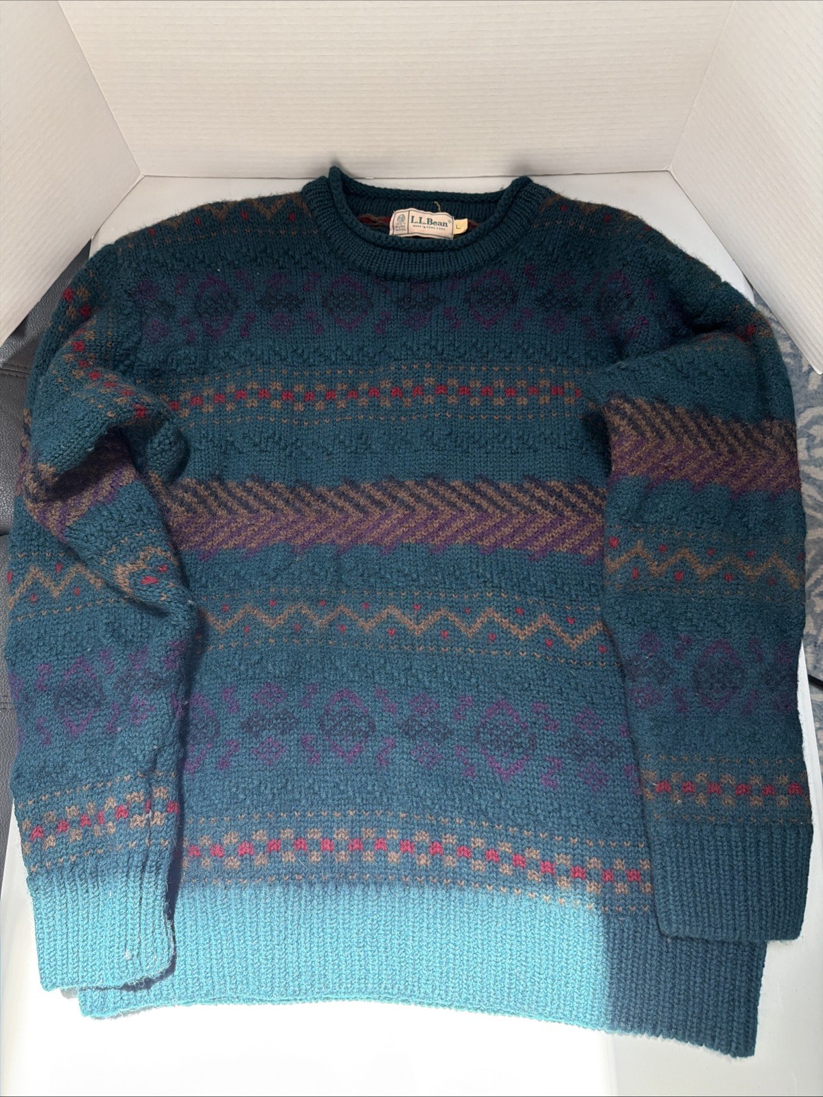 Vintage LL Bean Mens Large 1980s Pure Wool Fair Isle Sweater Teal Blue Geometric