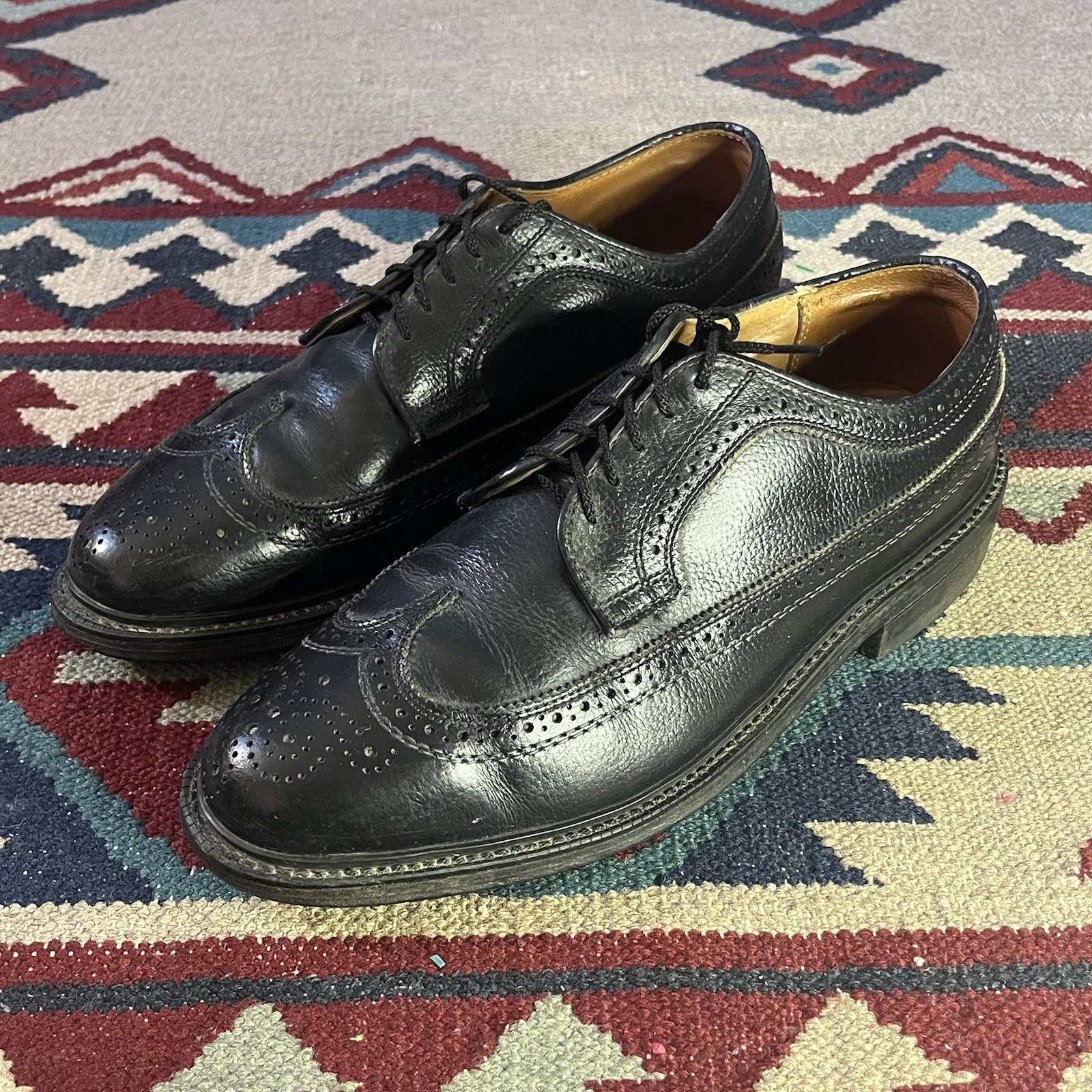 Vintage 60s Black Leather Mens 9.5 EEE Wingtip Oxford Dress Shoes