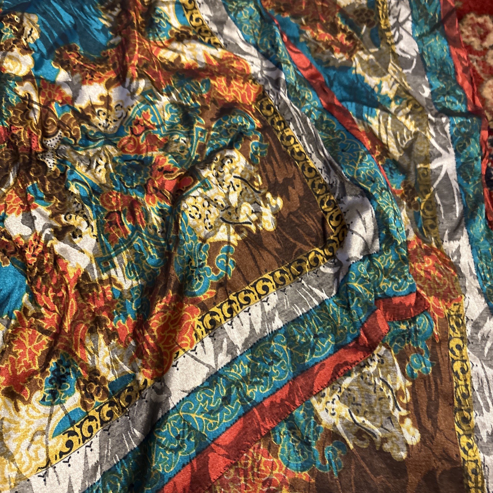 Vintage Green, Blue, And Pink Geometric Psychedelic Paisley Patterned Scarf