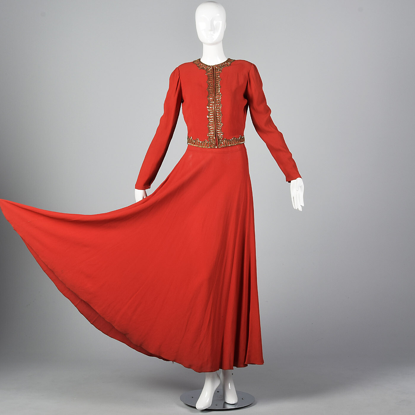 1940s Formal Evening Dress Sequin Jacket Set Red Rayon Crepe Gown Old Hollywood