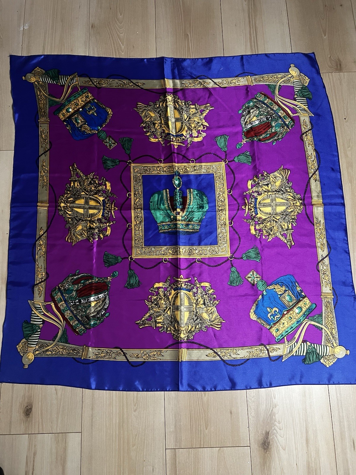 Retro scarf Royal Crown Mid Century 60s 70s Purple Blue Gold Green