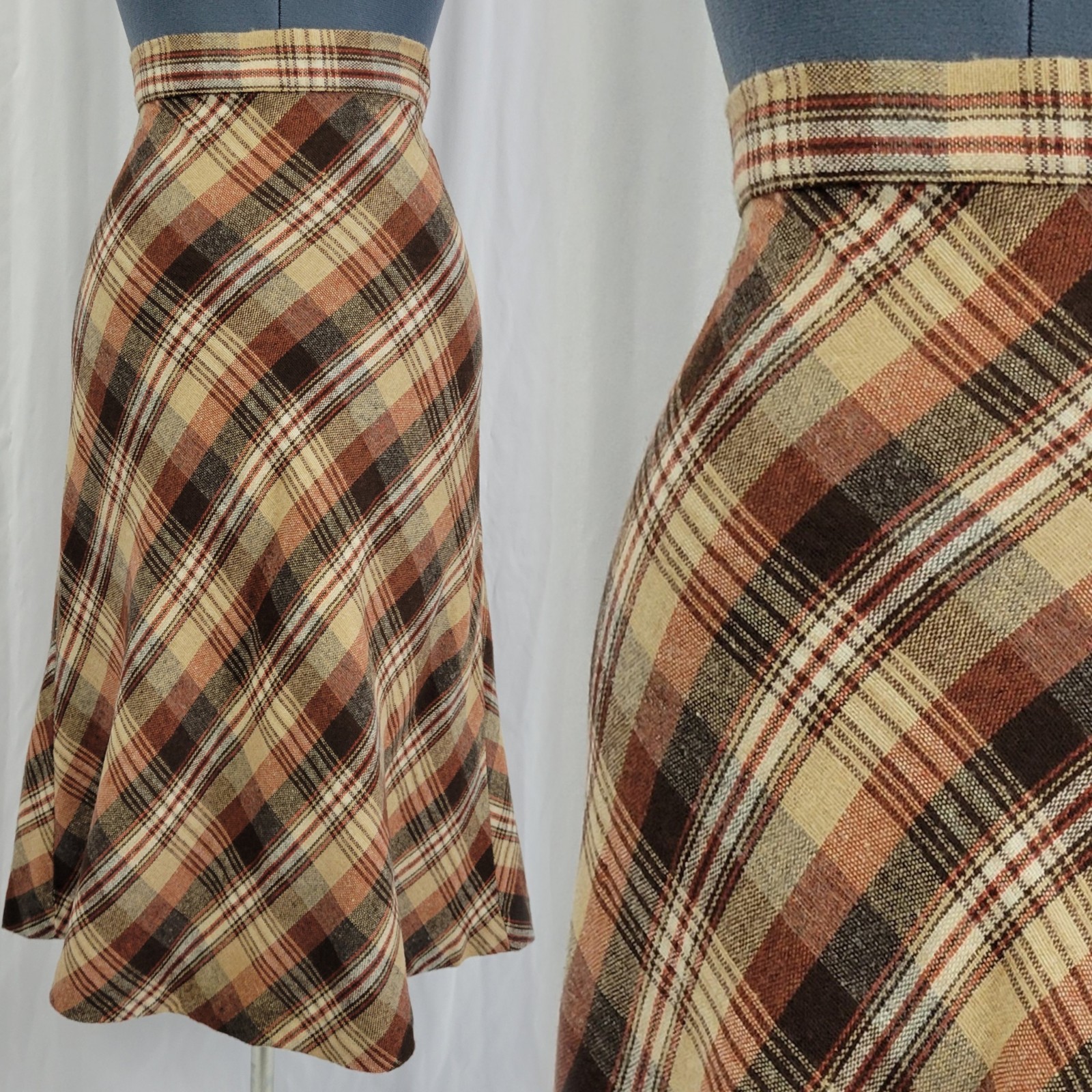 Vtg Helen’s Britches Rust/Tan/Brown Plaid Bias Cut Wool Blend Skirt Size 7