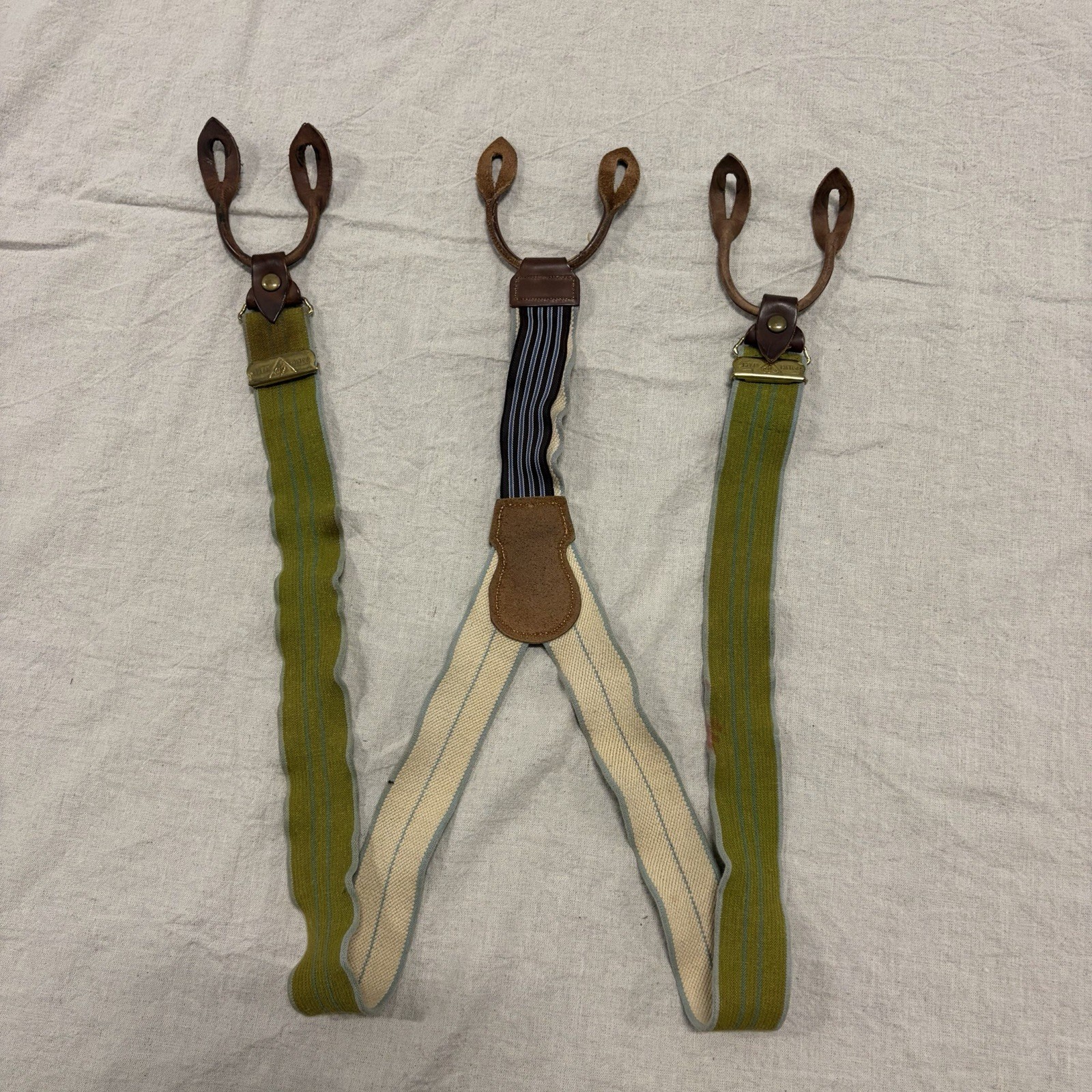 Vintage Police Brace Suspenders 40’s-50’s Leather Straps Green Striped Brass