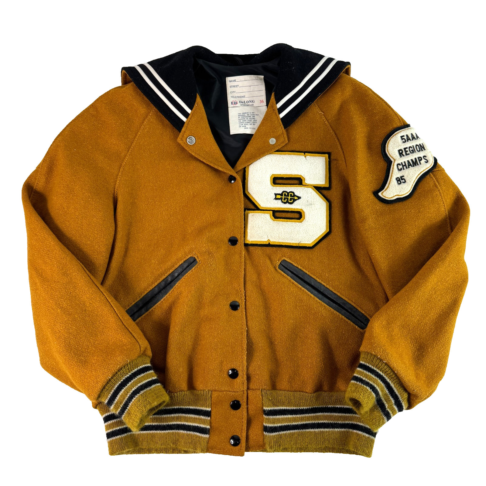 Vtg 80s DeLong Sportswear Letterman Jacket Mustard Yellow Cross Country Size 36