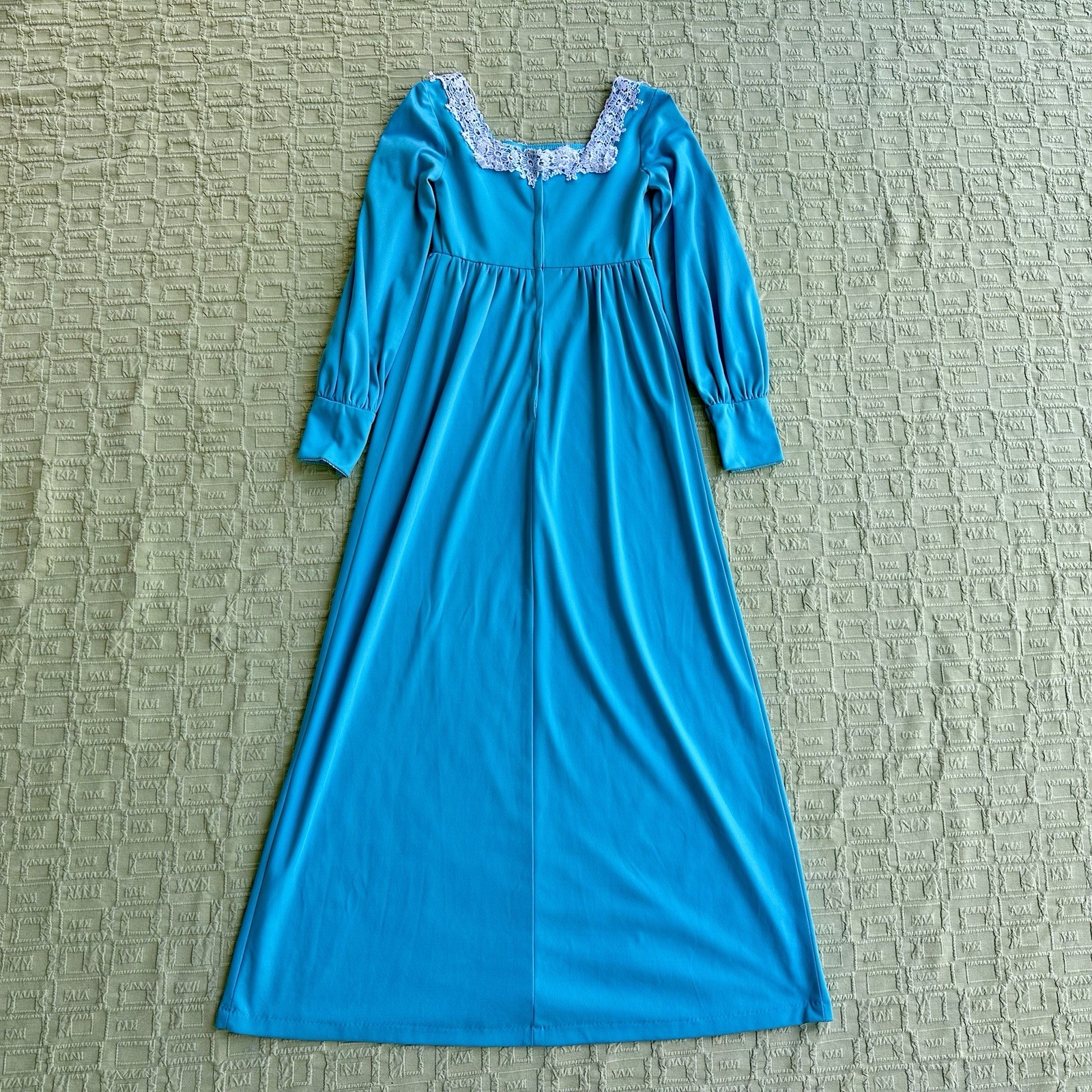 60s/70s bright blue maxi with white lace trim