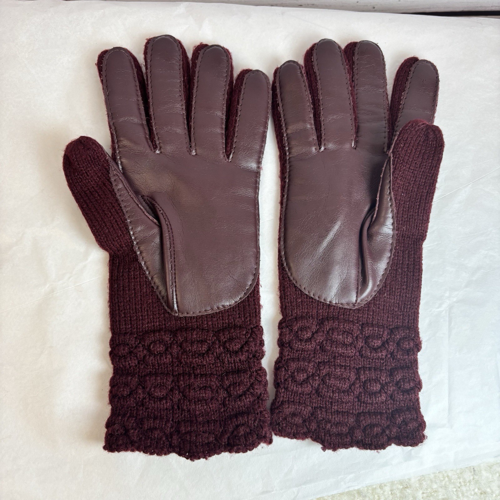 Vintage Leather & Knit Driving Gloves Burgundy Maroon M/L Fancy Retro Mid Mod