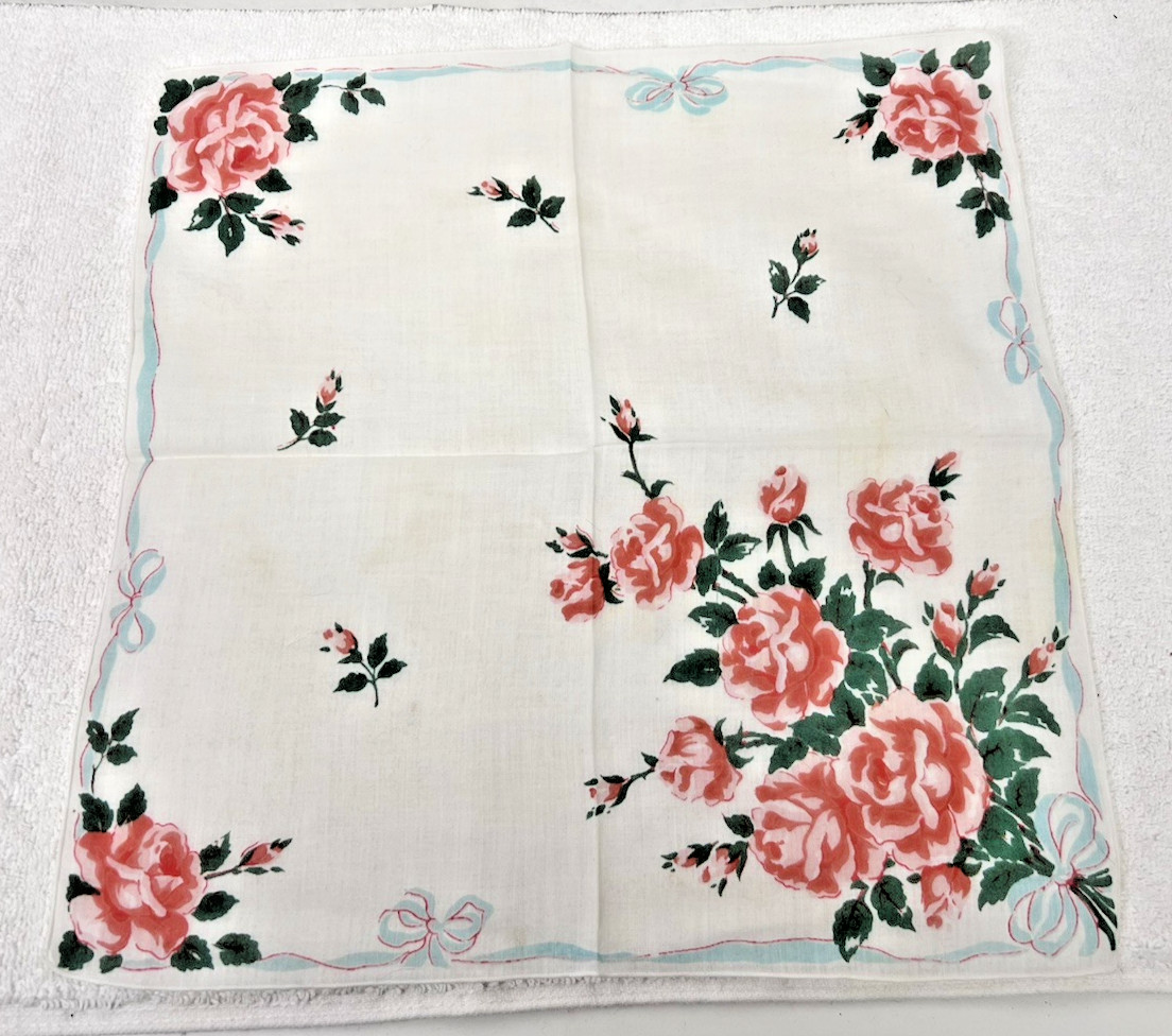Vintage Hankie Shades of Pink Roses Green Leaves w Bows 13 Inch