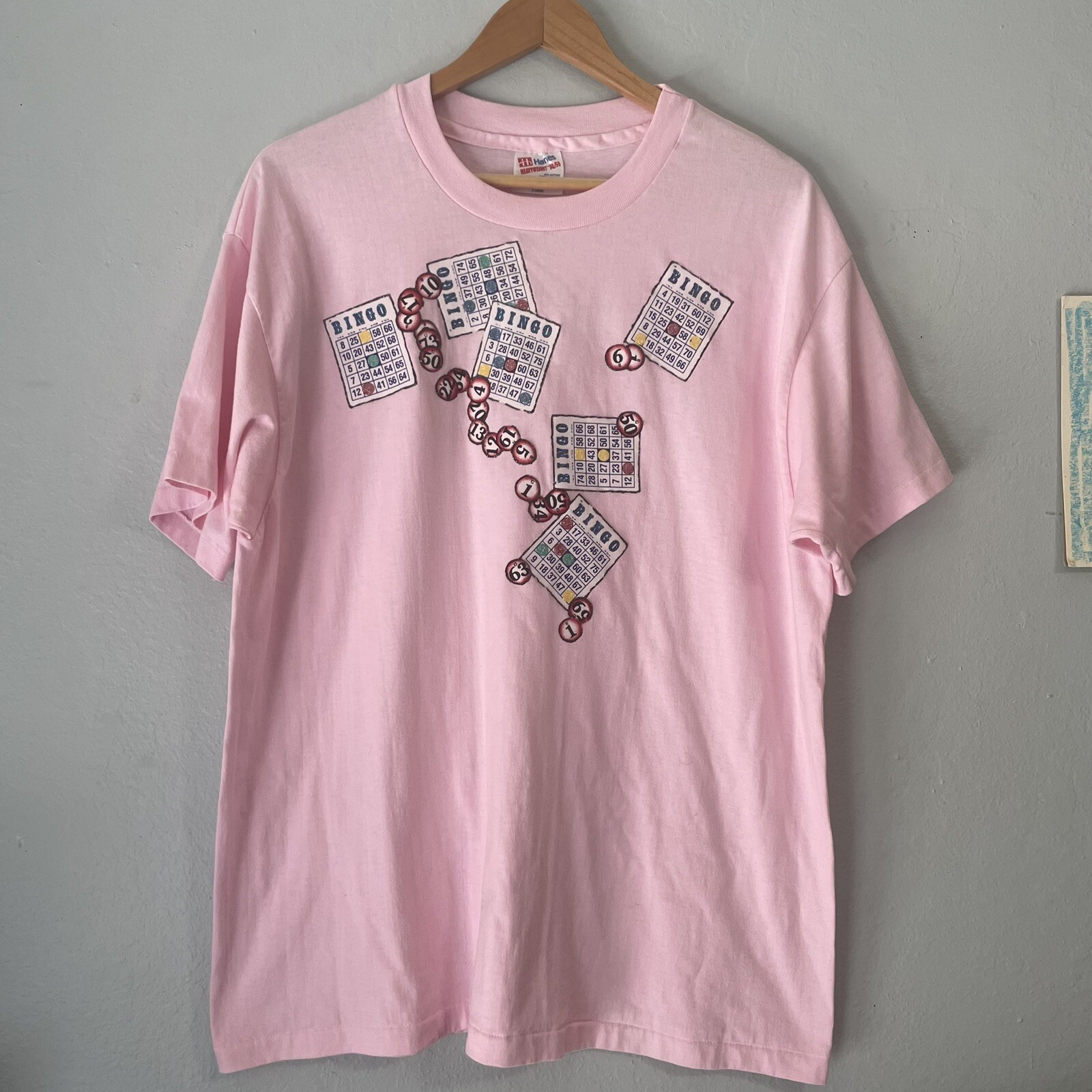 Vintage BINGO CARDS T-SHIRT Pink Adult XL 50/50 HEAVYWEIGHT JERZEES FUN NOVELTY