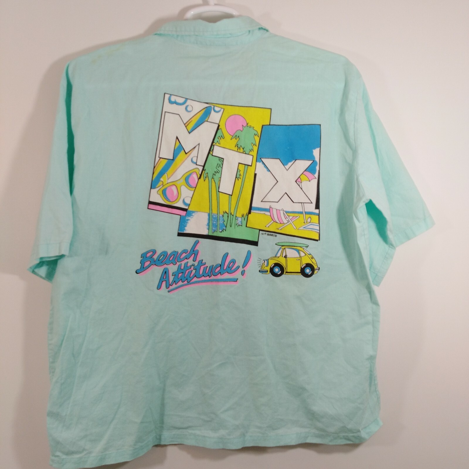 1987 Oasis MTX Vintage 80s Skater Shirt Green Beach Palm Trees Surfboard