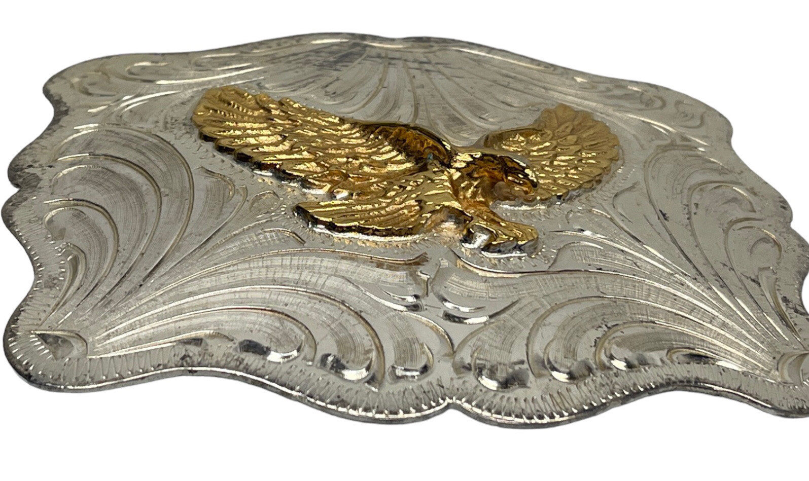 Vintage Alpaca Mexico Etched Nickel Silver/Gold Belt Buckle Eagle 4.25”x 3.5”