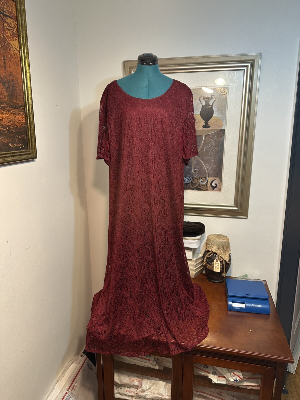Vintage Impulsive Maroon Lace Lined Short Sleeve Maxi Dress Size 26/28W