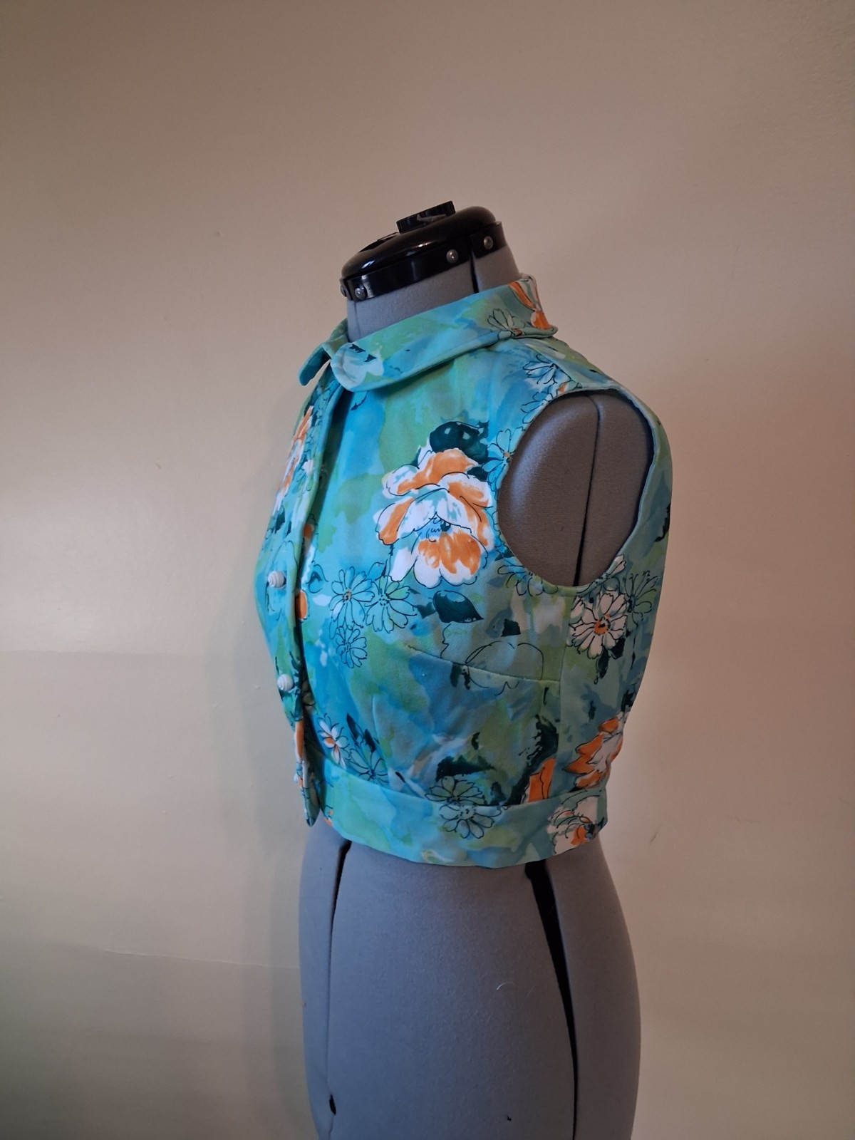 vintage 60s crop top, Floral Button Up Peter Pan Collar Polyester Sz S Disco