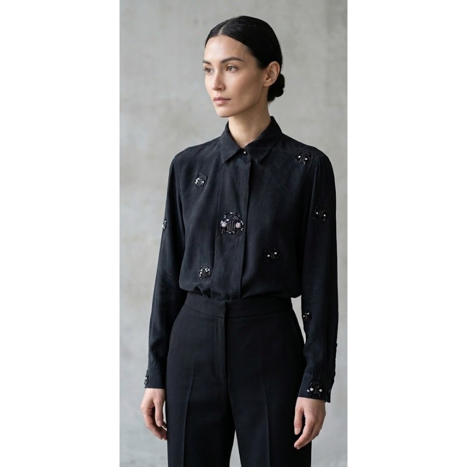 Vintage Gerry Goldblum Silk Sequin Car Applique Blouse Black Novelty Top