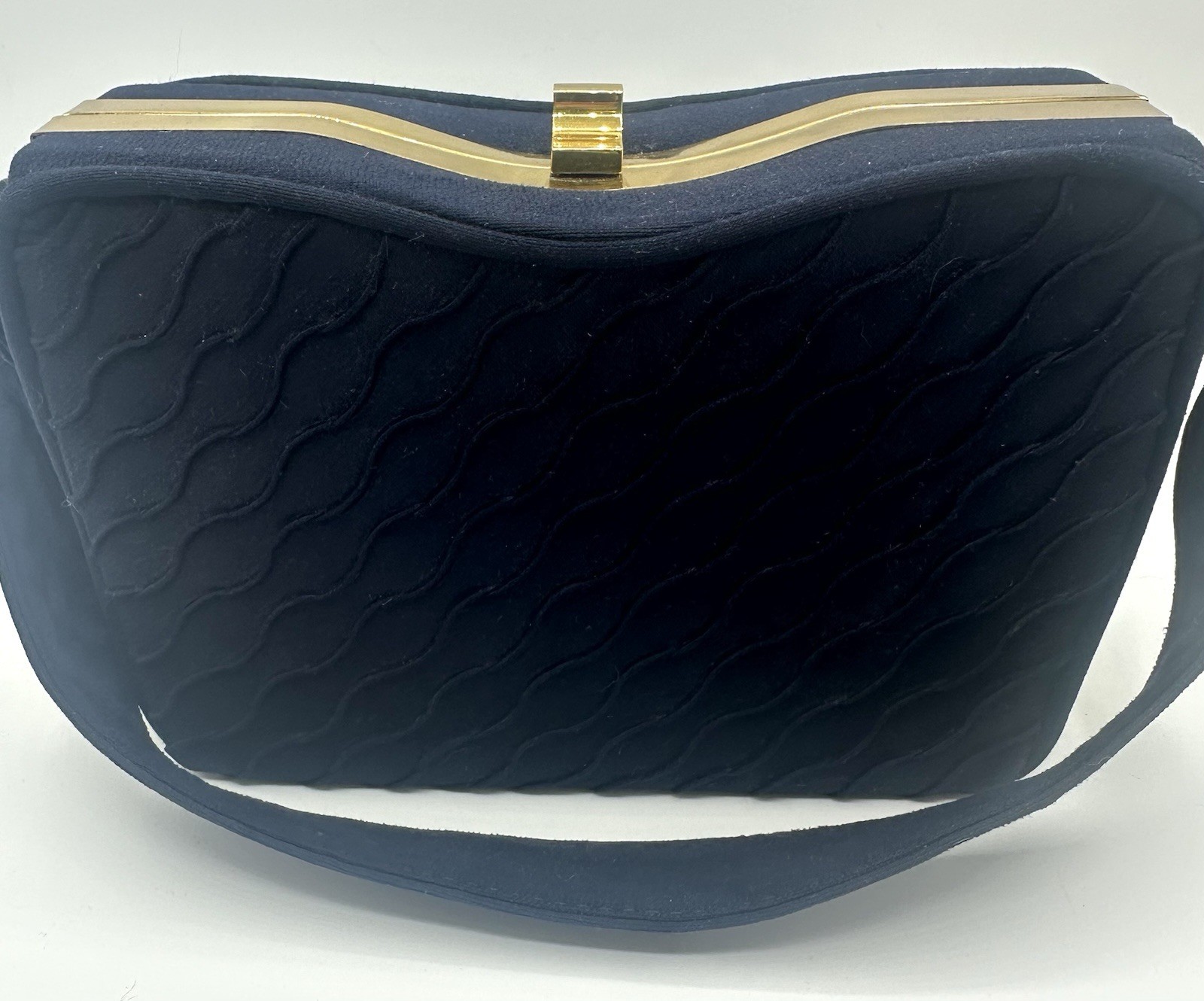 1940s 1950s Vintage Navy Box Purse Gold Clasp Rockabilly Waffle Fabric Blue MCM