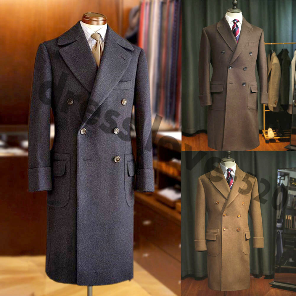 Men Formal Long Winter Wool Jacket Double-Breasted Suit Overcoat Six Buttons
