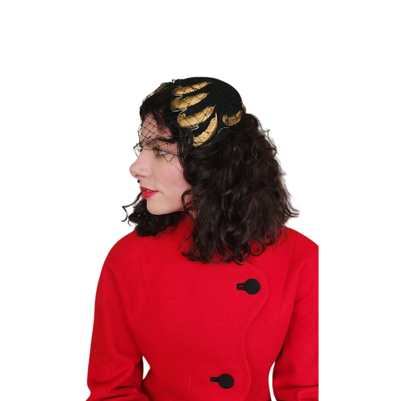 Vintage 1950s Bes-Ben Hat Black Wool Gold Feather Veil Chicago Millinery OOAK