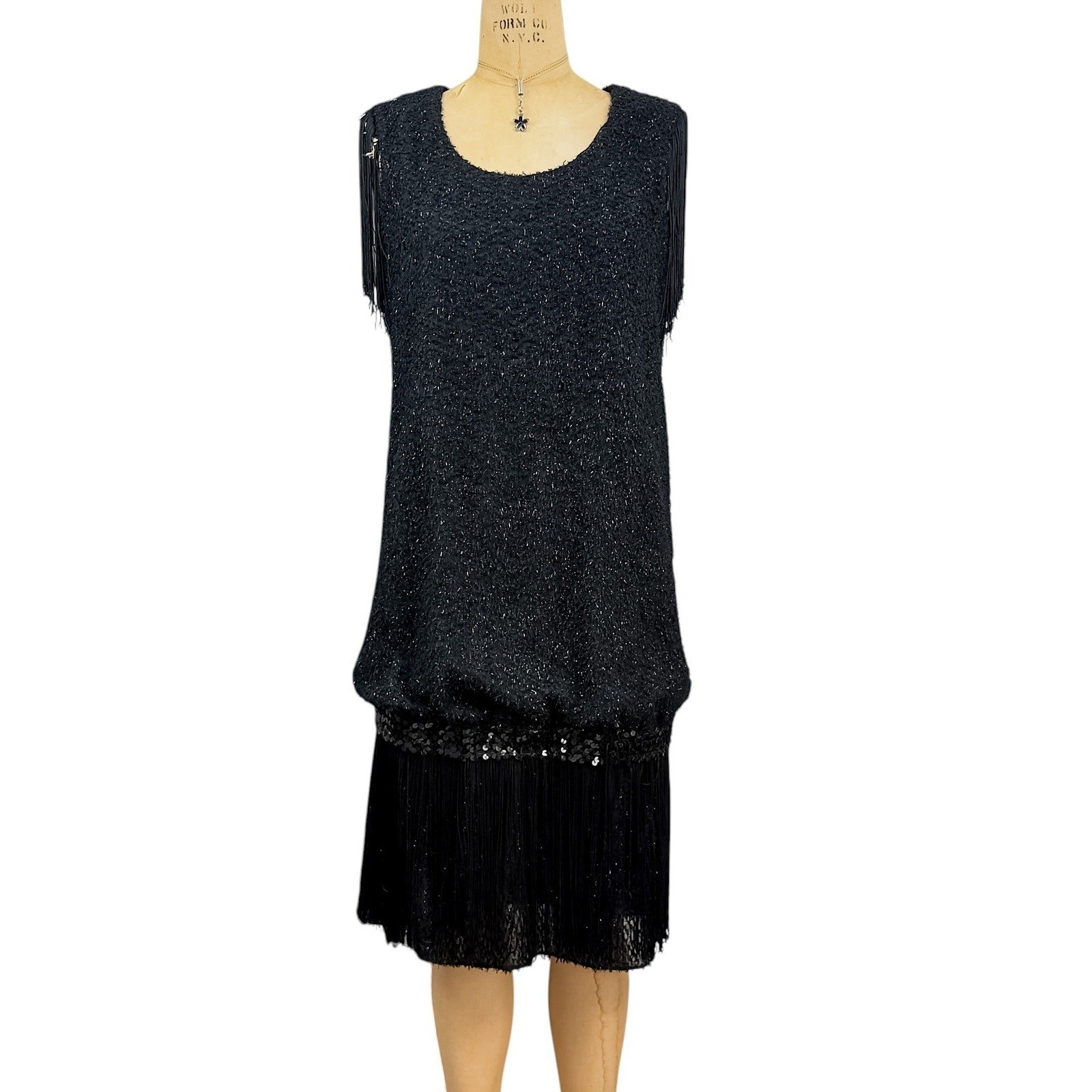 Vintage Art Deco Black Drop Waist Dress Fringed Sequin Flapper Style Roaring 20s